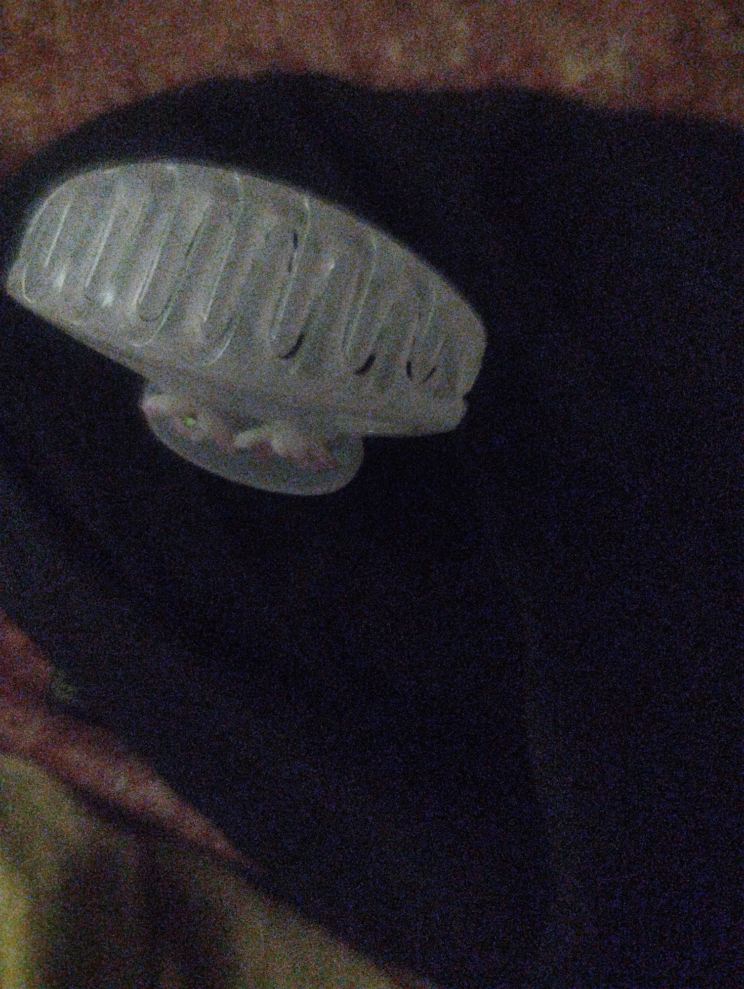 A translucent, ridged object, possibly a hair clip or comb, is positioned diagonally from the upper left to the lower right of the frame against a dark, textured background. The object is lighter in color than the background and appears to be made of plastic. The background itself is composed of darker shades, with some areas of lighter, speckled texture. The lighting in the image is dim, and there is noticeable digital noise throughout.