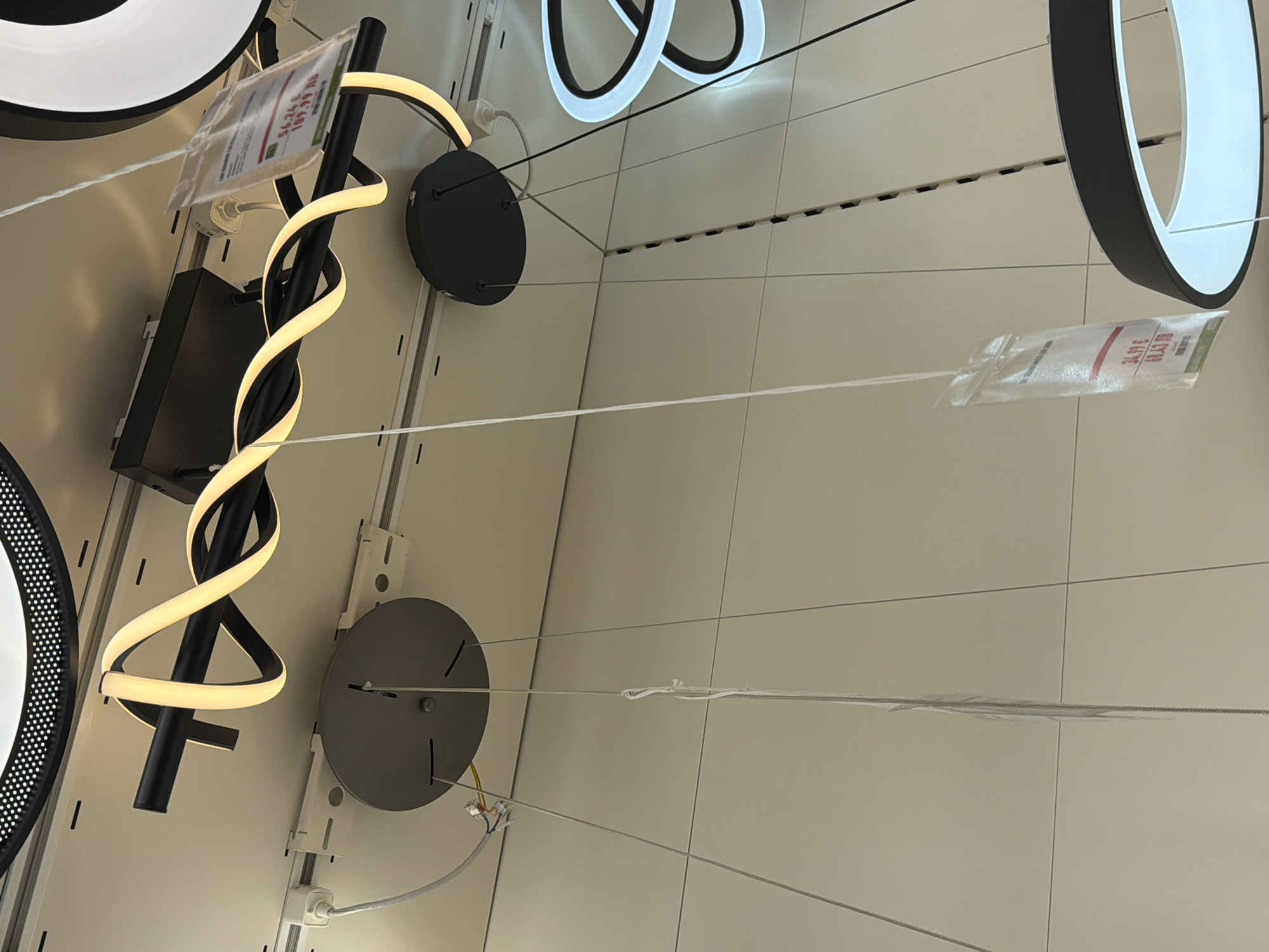 This is a close-up, slightly upward-angled, indoor photograph of modern lighting fixtures, possibly in a retail setting. The main subject is a black, spiral-shaped light fixture with a warm white LED strip running along its contour. This fixture is mounted on a ceiling track system. To the right, another circular LED light fixture with a black frame and illuminated white interior is partially visible. Several suspension wires and electrical cords are visible, connecting the fixtures to the ceiling. A price tag in a plastic sleeve hangs from one of the wires, with visible text including "56.24 €" and "109.99 лв", indicating pricing in Euros and Bulgarian Leva, suggesting a location in Bulgaria. The background consists of a plain, light-colored tiled ceiling and wall. There are no people or animals present in the image. The lighting is consistent with a retail display. The presence of Bulgarian currency strongly suggests the location is in Plovdiv, Bulgaria.