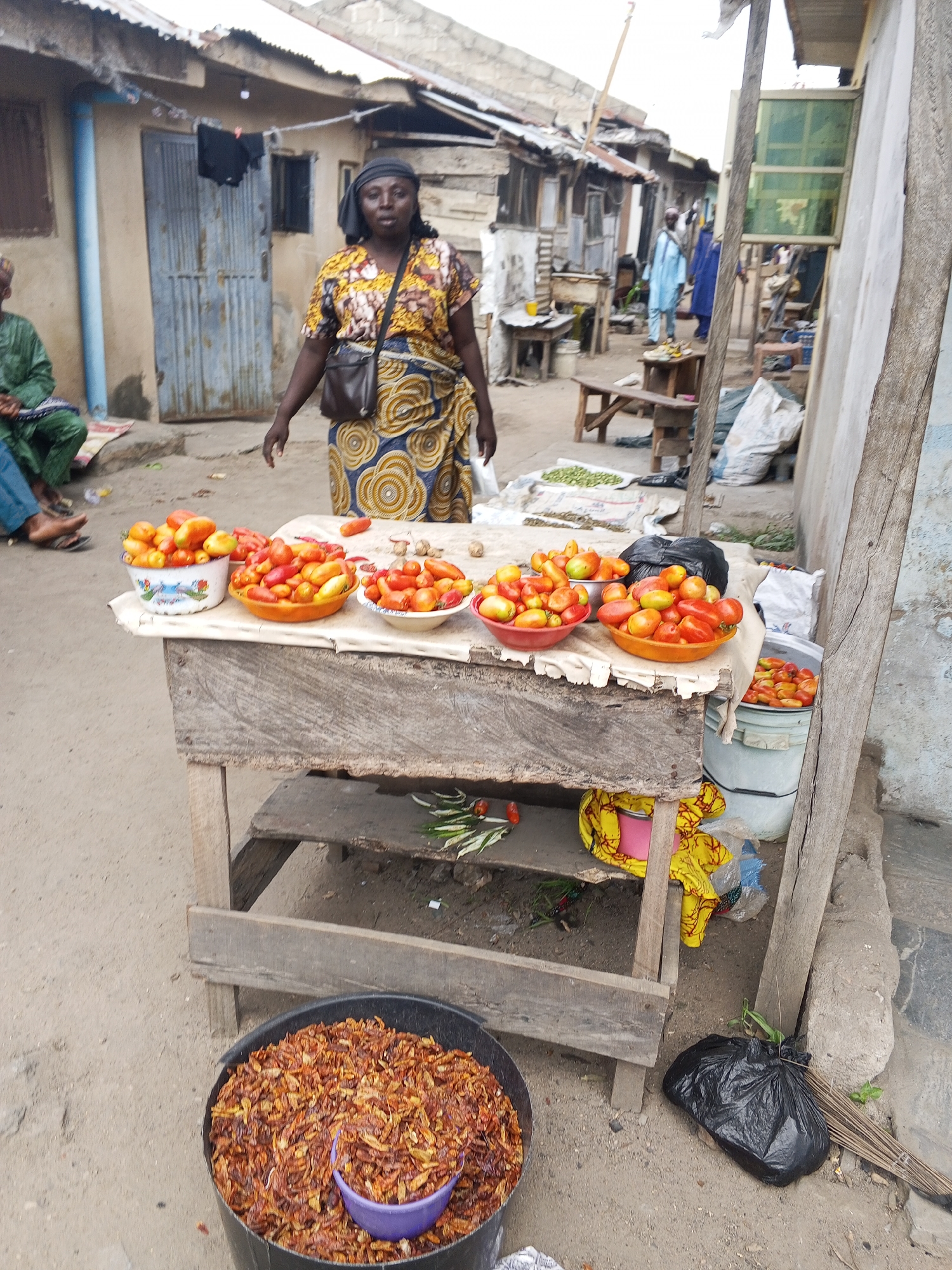 In Zango-ndaji, Nigeria, a woman stands behind a wooden market stall laden with bowls of red tomatoes. The stall is made of rough-hewn wood and set upon a dirt ground. In the foreground, a large black plastic bucket overflows with dried, reddish-brown chilies, with a small purple bowl nestled inside. Behind the tomatoes, a black plastic trash bag rests on the ground, and a broom leans against a rough concrete wall. In the background, a row of buildings with corrugated metal roofs and weathered walls line a narrow street. A few people are visible in the distance, one wearing a light blue robe. The scene depicts a typical marketplace environment in a Nigerian town.