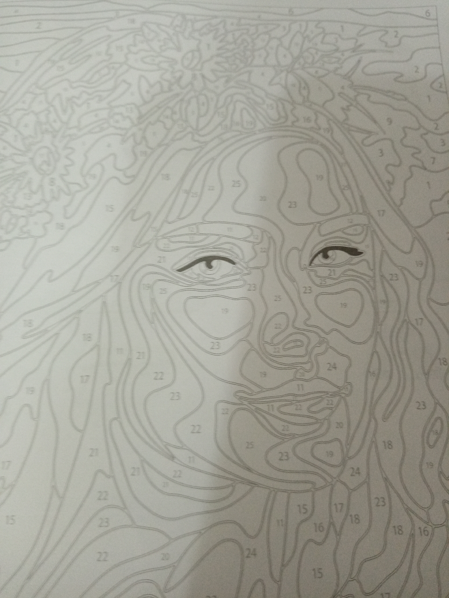 The image depicts a paint-by-numbers template of a portrait of a woman with a floral crown. The image consists of outlines of shapes, each containing a number. The woman's facial features, including eyes, nose, and mouth, are defined by these shapes. The upper part of the image shows the floral crown with various flowers, also delineated by numbered shapes. The background is plain.
The location of this image in Elektrostal, Russia is not ascertainable.