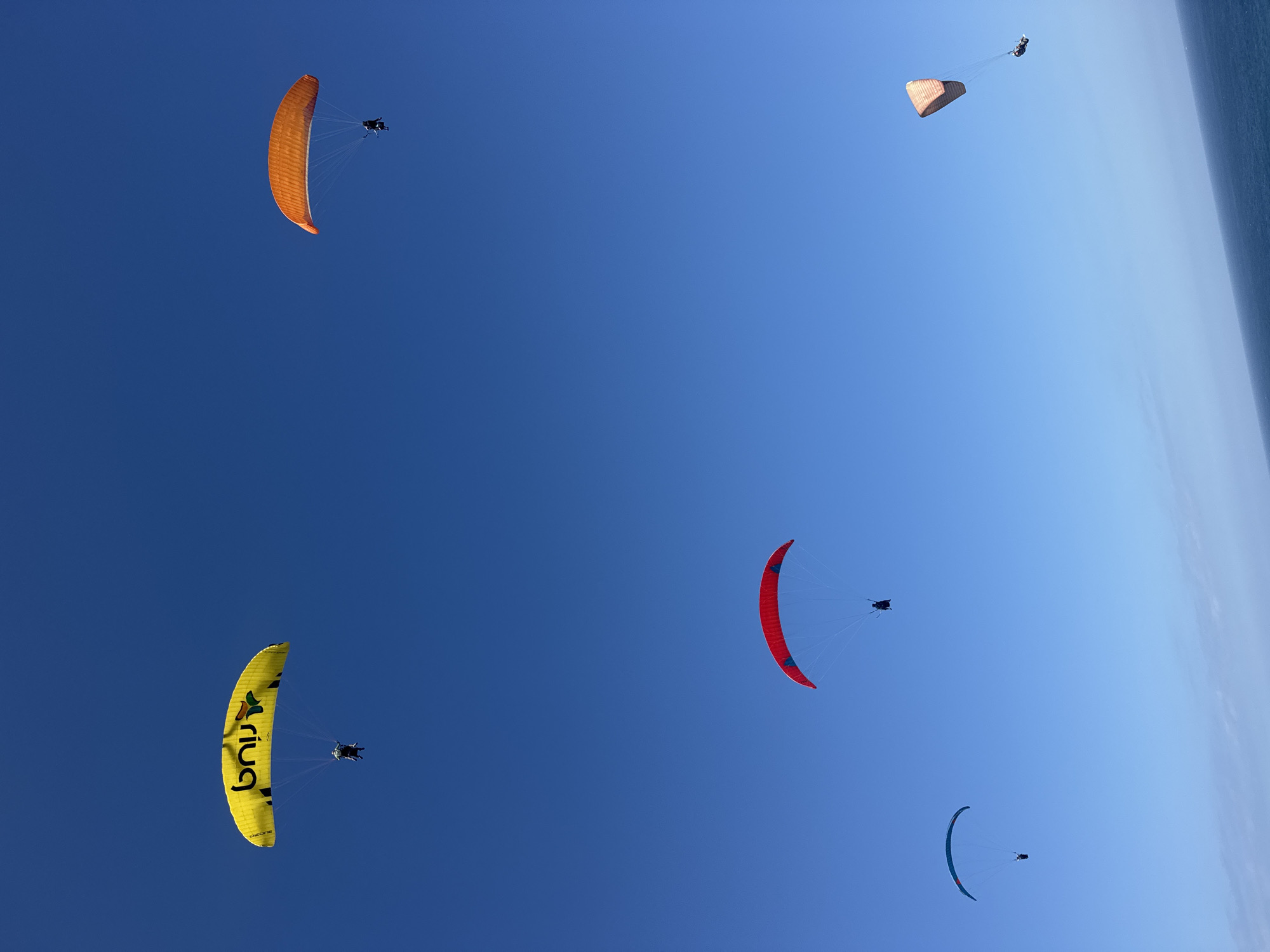 In Kuta Selatan, Indonesia, five paragliders are captured mid-air against a clear blue sky. The paragliders, each with a colorful parachute, are at varying altitudes and distances from the viewer. The first paraglider, in the upper left quadrant, has a yellow parachute with black lettering. The second paraglider, in the upper right, has an orange parachute. The third paraglider, in the middle left, is under a red parachute. A fourth paraglider, in the lower left, is under a blue parachute. The fifth paraglider, in the lower right, is beneath a tan parachute. The ocean is visible in the lower portion of the image.