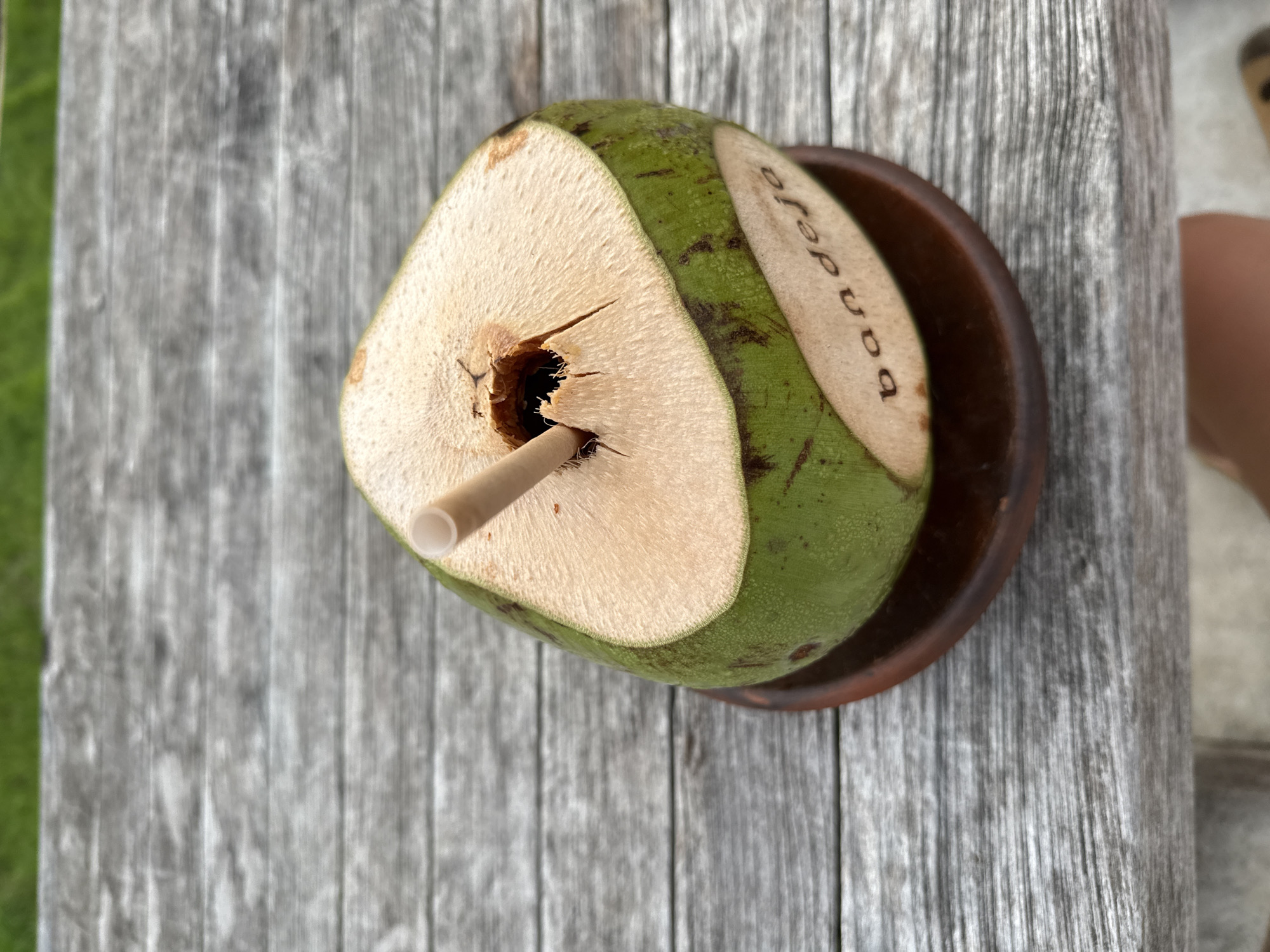 A freshly cut coconut is resting in a small, brown dish atop a weathered, gray wooden table. A light tan straw protrudes from a hole in the center of the cut coconut. The name "Bandeja" is printed on the side of the coconut. The table appears to be outdoors, with green foliage visible in the upper left corner. The scene is located in Canggu, Indonesia.