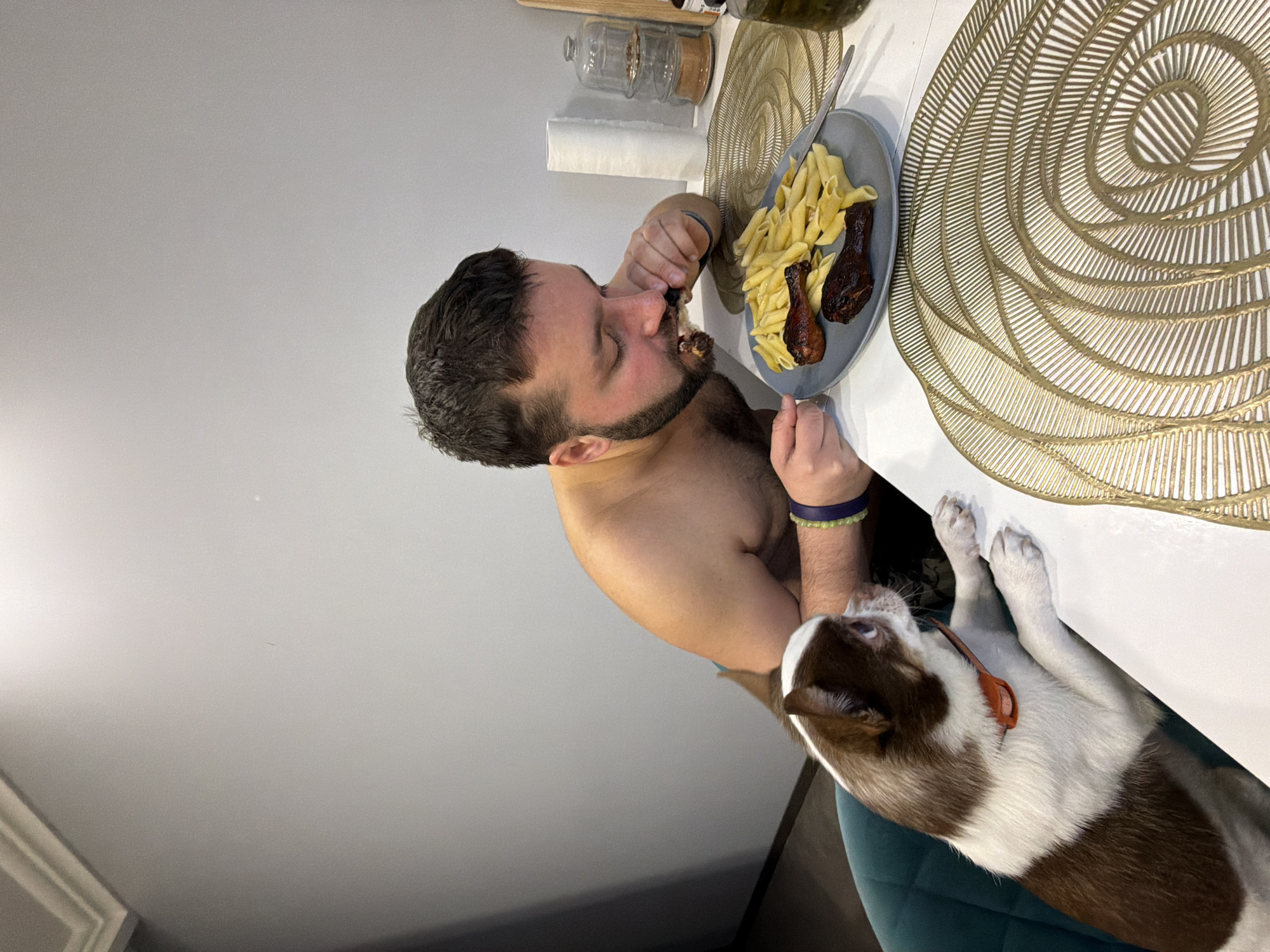 An eye-level indoor photograph, likely taken in a home in Moscow, Russia, captures a man eating a meal while a small dog observes him attentively. The man, with a beard and short dark hair, is shirtless and is shown in profile from the chest up, focusing on eating a chicken drumstick from a grey plate with a fork in his left hand. He wears a dark bracelet and a lighter, possibly green or yellow, bracelet on his left wrist.
The plate holds a meal consisting of penne pasta and two dark-skinned chicken drumsticks. It rests on a white table, which is adorned with two ornate, golden placemats featuring intricate spiral patterns. In the background, on the same table, are several items including glass jars (one containing what appears to be corks, another possibly spices), a roll of paper towels, and a green bottle, potentially olive oil.
To the bottom right of the frame, a small brown and white dog, resembling a chihuahua and wearing an orange collar, sits on a teal-colored chair, looking up towards the man. The dog's posture suggests keen interest or anticipation of food. The room's wall is a plain light gray, and the overall lighting is consistent with indoor conditions, without strong indications of natural light. The man appears engrossed in his meal, while the dog's expression conveys curiosity or hope.