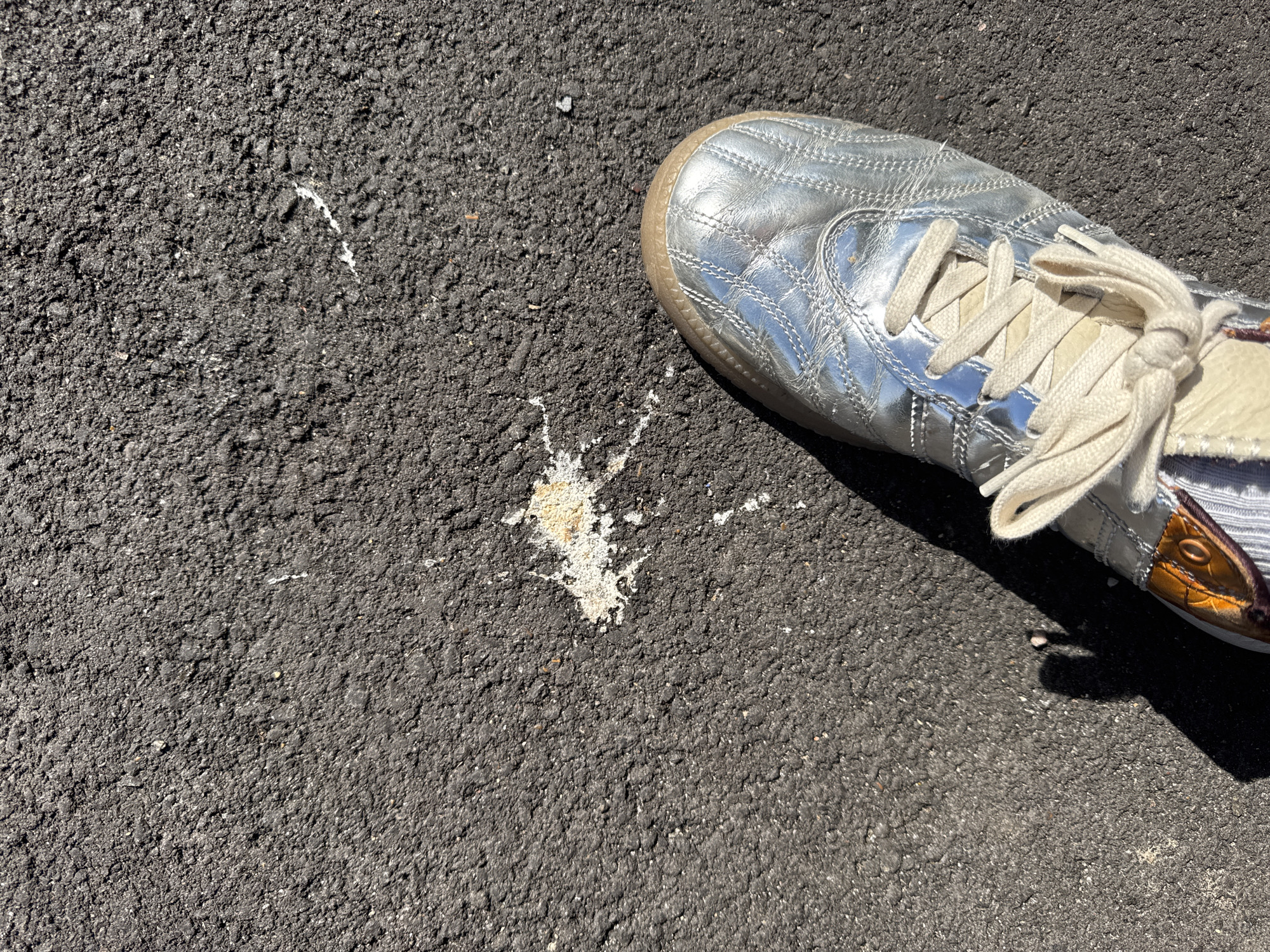 A close-up, high-angle shot captures a person's foot encased in a metallic silver athletic shoe on a dark, textured asphalt surface. The shoe features a distinctive quilted pattern on its silver upper and is fastened with thick, off-white laces. Its sole is made of a translucent, light brown rubber.
Directly on the asphalt, in front of and slightly to the left of the shoe's toe, are several splatters of white and yellowish bird droppings. A more prominent concentration of droppings is visible below the front-middle section of the shoe, with smaller, scattered white marks extending further to the left on the rough, granular pavement.
The scene is illuminated by bright sunlight, casting a sharp shadow of the shoe onto the ground, indicative of a clear, sunny day, likely during the morning or afternoon. The background consists solely of the asphalt, suggesting an outdoor setting such as a road, path, or parking area. No specific activity is shown, merely the stationary foot next to the bird droppings. There is no visible text in the image. The general location is an outdoor paved space within the Folkestone and Hythe District, United Kingdom.