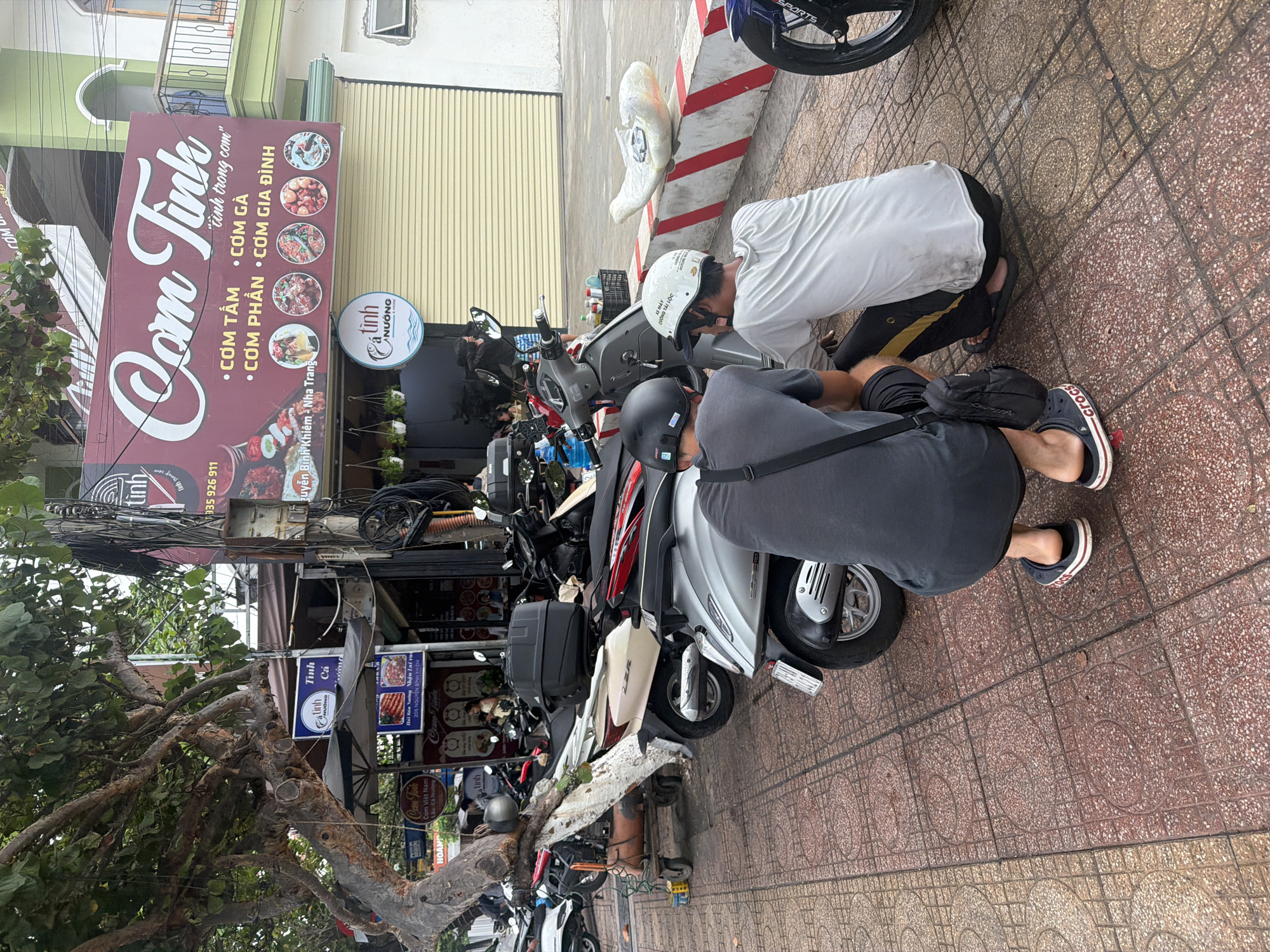 The image depicts a vibrant daytime street scene in Nha Trang, Vietnam. In the foreground, two men are focused on a scooter parked on a patterned tiled sidewalk. One man, wearing a white t-shirt and a white helmet with "SPORTY" visible, kneels near the front of the scooter. The other, in a dark t-shirt and black helmet, crouches towards the rear, suggesting they are inspecting or repairing the vehicle.
Several other motorbikes are parked along the sidewalk, behind a red and white striped barrier. To the left, a large tree with thick, gnarled branches and green leaves stands prominently. The background features various buildings and a tangle of overhead wires, characteristic of an urban setting.
Multiple business signs are visible, adding to the local atmosphere. A large red sign for "Cơm Tình" (Rice Tình) advertises "CƠM TẤM", "CƠM GÀ", "CƠM PHẦN", and "CƠM GIA ĐÌNH," with the phrase "tình trong cơm" and contact information "0935 926 911" and "Nguyễn Bình Khiêm - Nha Trang." A blue circular sign for "Cá tình NƯƠNG" (Grilled Fish Tình) is also present. Smaller signs repeat "Cơm Tình," "Cá Tình NƯỚNG," "Com Việt Nam," and "Hải Sản Nướng," along with the address "205 NGUYỄN ĐÌNH KHIEM." A small sign on the barrier reads "XE MÁY CƯỜNG TÀI LỘC." One man wears shoes with the "crocs" brand visible. The overall scene captures the bustling daily life and local commerce of a Vietnamese city street.