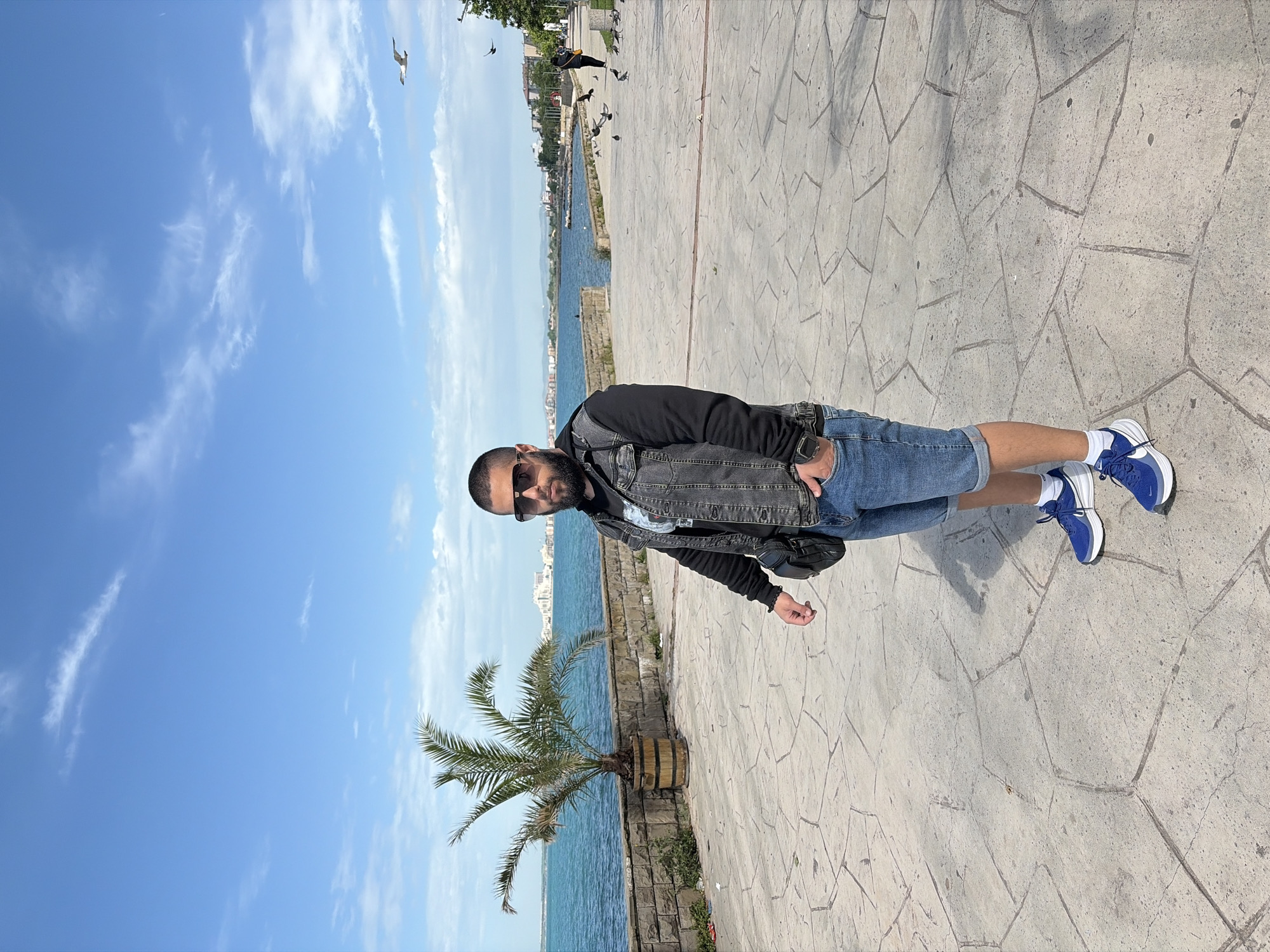A medium shot shows a man standing on a paved walkway next to the sea on a sunny day. The man has a beard and is wearing sunglasses, a black long-sleeved shirt, a denim vest, light blue denim shorts, white socks, and blue and white sneakers. He has his right hand in his shorts pocket. Behind the man is the sea, and a short stone wall separates the walkway from the water. A small palm tree in a barrel planter sits next to the wall. Across the water, a cityscape is visible in the distance. The sky is blue with scattered white clouds. On the right of the frame, the walkway stretches into the distance, where a few people are walking and birds are flying.