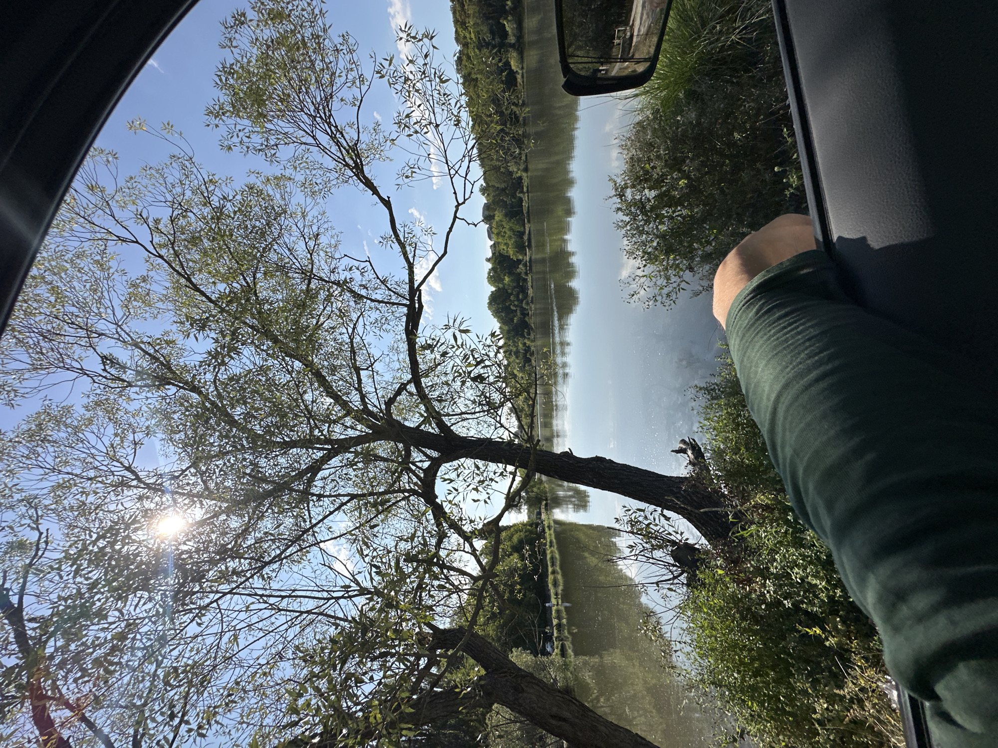 The image depicts a view of a calm lake or pond from inside a vehicle, with a person's arm resting on the windowsill. The foreground is dominated by the dark interior of the car, the person's green sleeve, and their hand. Beyond the car window, a large tree with sparse green leaves leans over the water. The lake reflects the bright blue sky, which has scattered white clouds. On the far bank of the lake, a dense line of green trees forms a natural barrier, with some buildings visible amongst them. The sun is high in the sky, partially obscured by tree branches, casting bright light and some lens flare. The overall scene suggests a tranquil, natural setting on a sunny day. The provided location of Makiv, Ukraine, suggests this is likely a rural or semi-rural area near water.