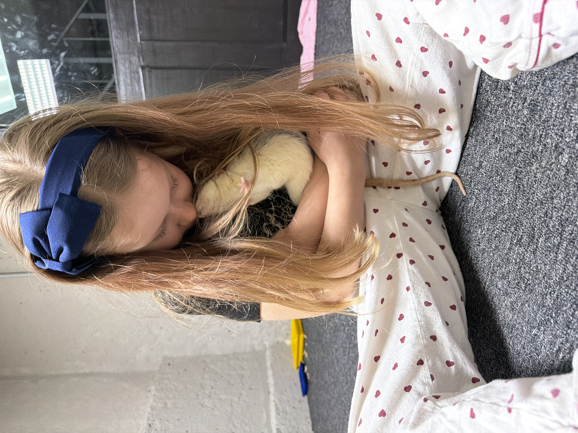 A close-up shot depicts a young girl with long, light-brown hair and a blue bow headband holding a rat. The girl's eyes are closed. She wears a dark shirt with a black-and-brown spotted pattern. The rat, light in color, is nestled in her arms. She is wearing pajama pants with red hearts printed all over. The background shows a gray carpet, a closed door, and a window with a reflective view. The exact location of the scene within the city of Unknown, Unknown is not discernible.