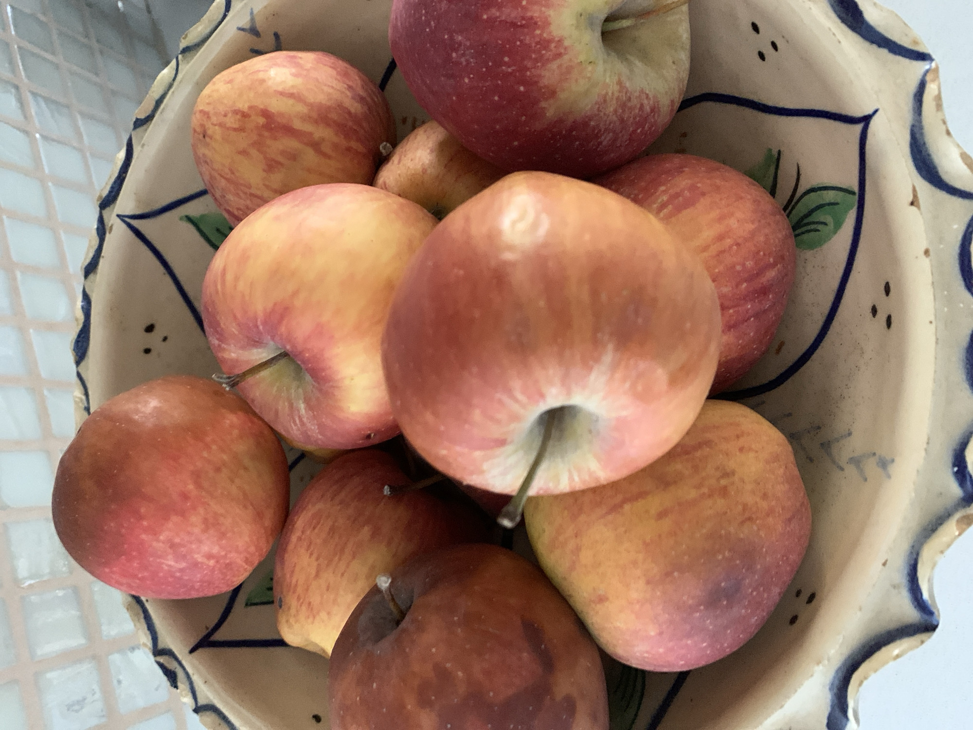 A close-up, eye-level, vertical shot shows a rustic, ceramic bowl filled with several ripe apples. The bowl is cream-colored with a decorative blue rim and painted green leaves and black dots. The apples are a mix of red and yellow, with some showing more red blush than others. Some of the apples have stems. The background appears to be a tiled wall, likely in a kitchen setting. There is no indication of the city of Barcelona, Spain in the image.