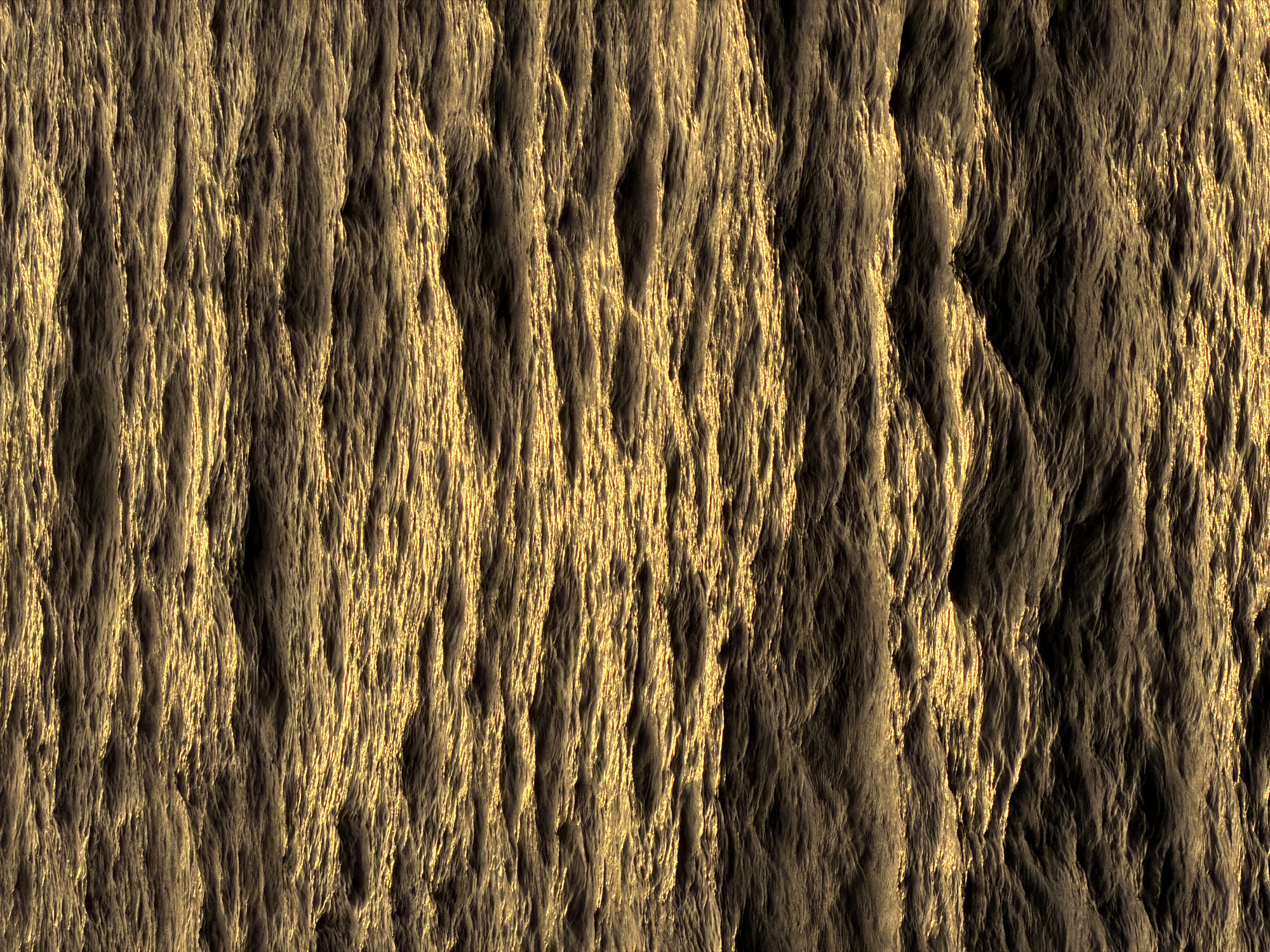 The image shows a close-up of a textured surface, potentially rock or hardened earth. The texture is characterized by deep vertical grooves and ridges, creating a strong sense of depth and shadow. The color palette is dominated by shades of brown and gold, with the gold highlighting the raised areas, suggesting a light source from above. No people, subjects, objects, or actions are visible. The location is not identifiable within the city of Unknown, Unknown.