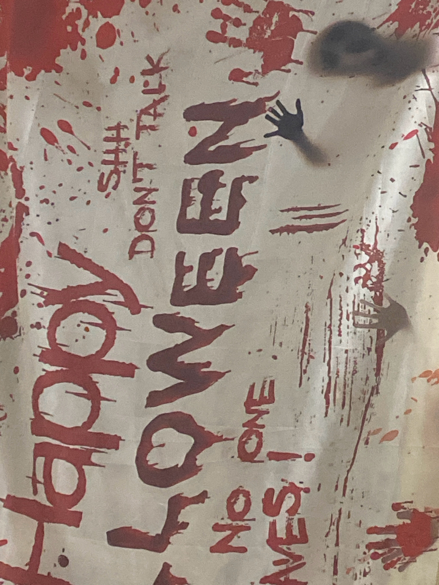 The image depicts a white shower curtain with large, red, blood-like splatters and handprints. There are also several words written in red, appearing to be in a distressed or dripping font. The words are oriented vertically and include "SHHH," "DONT TALK," "LOVE ONE," and "NO YES!". A blurred, dark silhouette of a human head and an outstretched hand is visible on the right side of the curtain, seemingly reaching out or trying to push through. Another blurred, dark silhouette of a hand is visible on the far right. The overall impression is that of a horror-themed decoration, possibly for Halloween, and there is no indication of its location in Gary, United States of America.
