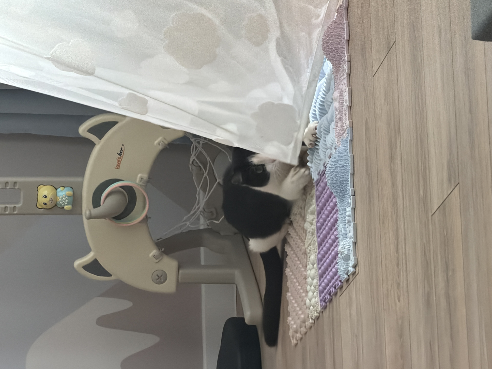 A black and white cat is partially hidden under a white blanket with cloud patterns. The cat is near a play gym and a foam play mat with interlocking edges. The setting appears to be indoors with a wood-look floor. The location is Chaikovsky, Russia.