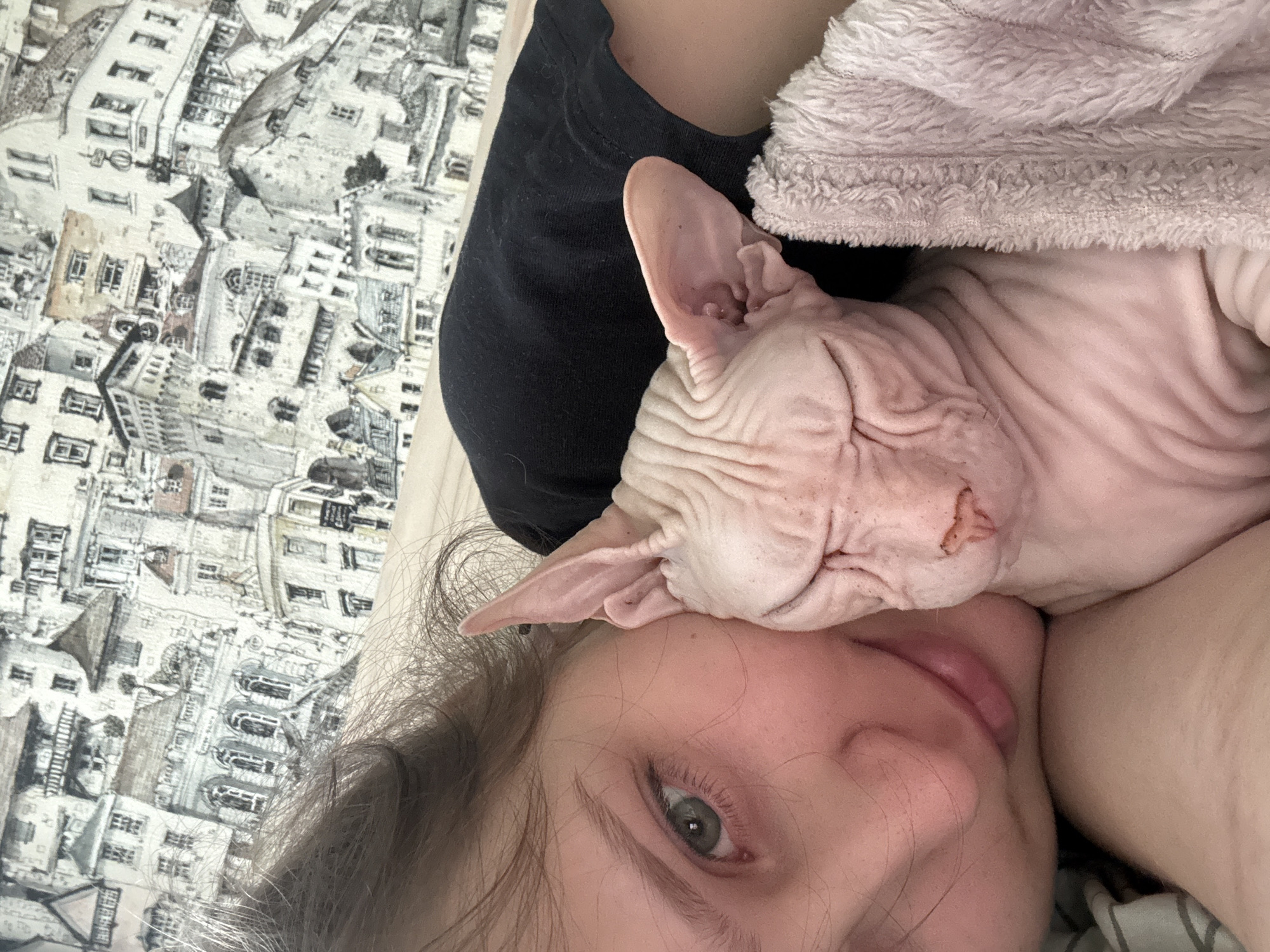 This is a close-up, overhead, selfie-style photo of a young person and a Sphynx cat. The person is lying down, and the cat is nestled against their face and neck. The person's face is partially visible on the left side of the frame, with their left eye open and looking towards the camera. Their skin is fair, and their hair is dark brown and tousled. The cat, a pink Sphynx, is positioned to the right of the person's face, with its eyes closed and its head resting against the person's cheek. The cat is covered with a pink, fuzzy blanket on its body. In the background, there is a wall covered with a wallpaper depicting a black and white, detailed sketch of a European-style city with many buildings, churches, and towers. The image appears to be taken indoors, possibly in a bedroom. There is no indication of the location being in Krasnoyarsk, Russia.