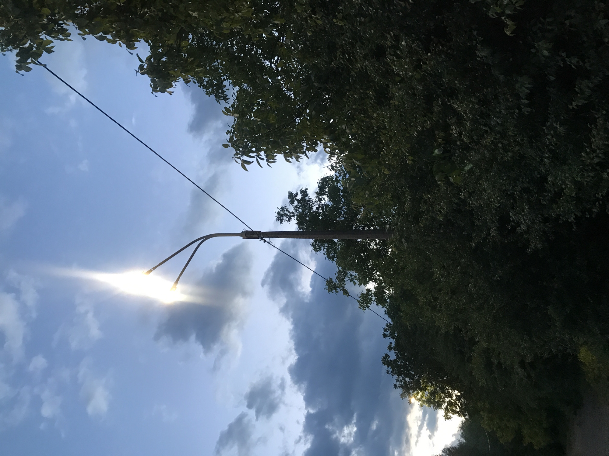 The image shows a street scene in Ternopil, Ukraine. A street light is illuminated on a utility pole with the sky in the background. Trees line the street. There are no people visible. The sky has a mix of blue and cloudy areas. Utility lines are visible stretching across the sky.