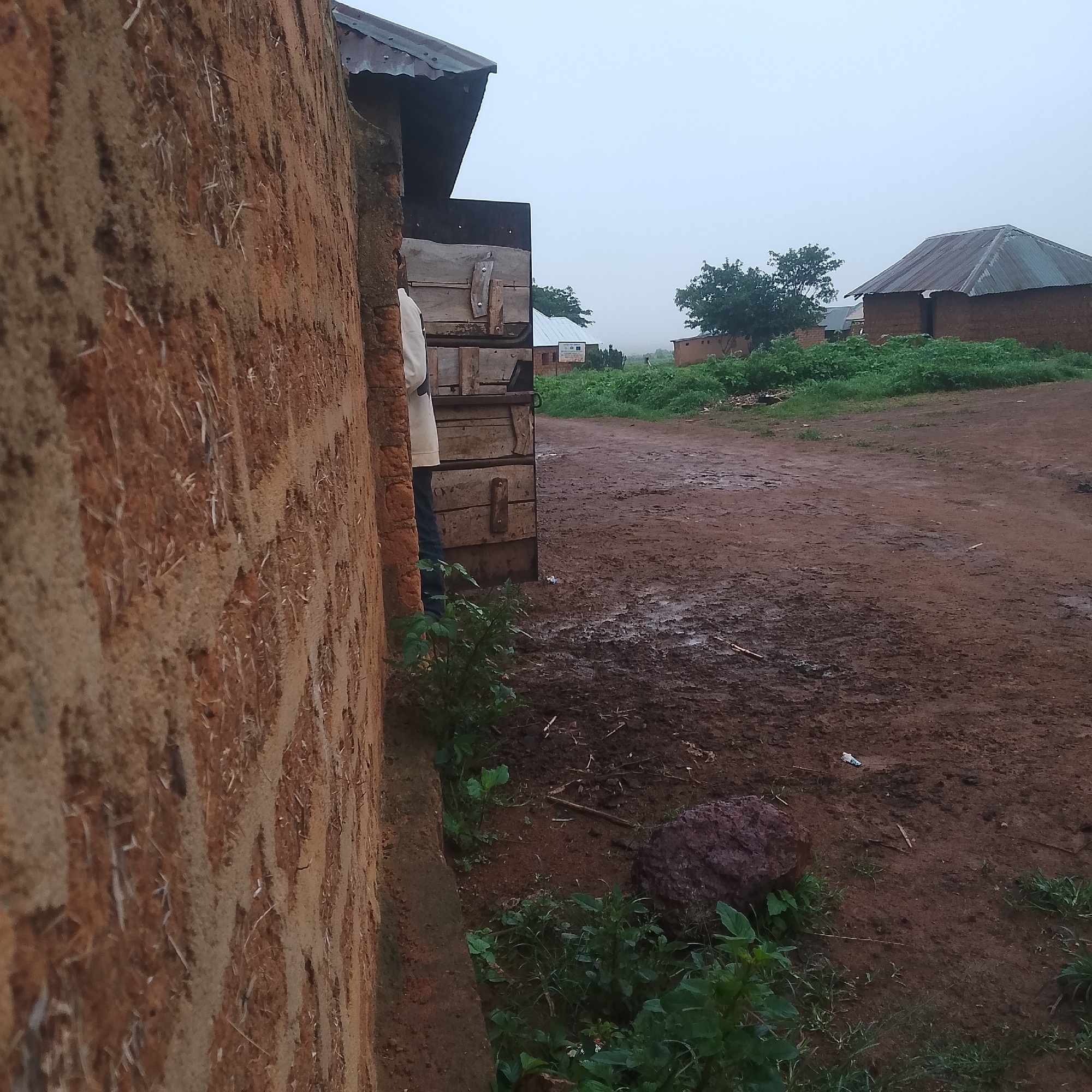 The image depicts an outdoor scene in Kuru, Nigeria, characterized by rustic structures and a muddy pathway. In the foreground, a section of a rough, textured, reddish-brown wall, likely constructed from mud and straw, occupies the left side of the frame. To the right of this wall, an open, wooden structure with visible planks and metal fasteners is partially visible, with a person in a light-colored garment and dark pants standing partially obscured within it.
The environment beyond the wall and wooden structure is an unpaved, dirt road that appears wet and muddy, indicating recent rainfall. Puddles and wet patches are evident on the ground. Scattered vegetation, including green plants and some dry grass, grows along the sides of the path and near the structures.
In the background, several simple buildings with corrugated metal roofs are visible. These structures appear to be made from similar materials to the foreground wall. One building has a visible sign with text and a European Union flag logo, suggesting a community or project location. Trees with green foliage are also present in the distance, contributing to the rural atmosphere. The sky is overcast and hazy, contributing to the muted lighting of the scene. The overall impression is of a modest, possibly rural or semi-urban settlement in Nigeria.