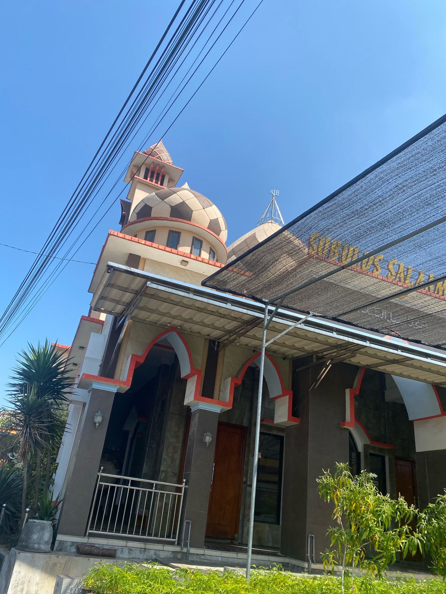An eye-level, low-angle outdoor shot captures a mosque with a light brown facade and orange trim, set against a clear blue sky. Several black power lines stretch diagonally across the upper portion of the frame. The mosque features a patterned dome, a tall minaret with similar patterning, and arched entrances. A black mesh awning is stretched over the front of the mosque, with golden Arabic script visible on it. Tropical plants, including a spiky palm tree in a concrete pot, are present on the left side of the building, and smaller leafy plants are in the foreground. The building appears to be a modern structure, with a metal railing in front of the entrance. The overall scene suggests a bright, sunny day in a densely populated urban area, given the presence of power lines.