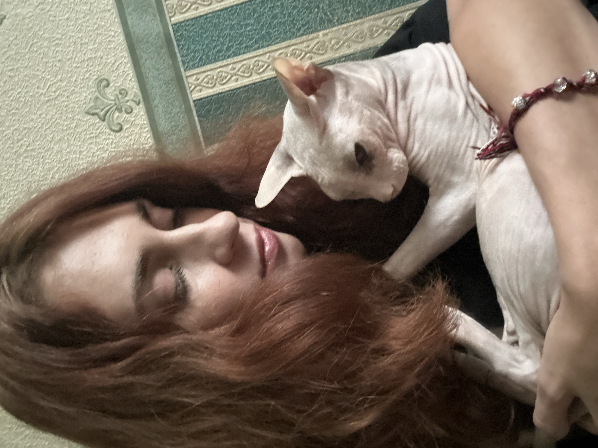 A woman with long auburn hair is holding a light-colored Sphynx cat. The woman's eyes are closed and she is looking down at the cat. The cat is looking to the side. The woman is wearing a black shirt, and the cat has a red bracelet around its leg. The background is a wall with textured wallpaper that has a fleur-de-lis pattern and a striped border. The image is a close-up shot, and the lighting appears to be indoor lighting. This scene is not identifiable as being located in the city of Togliatti, Russia.