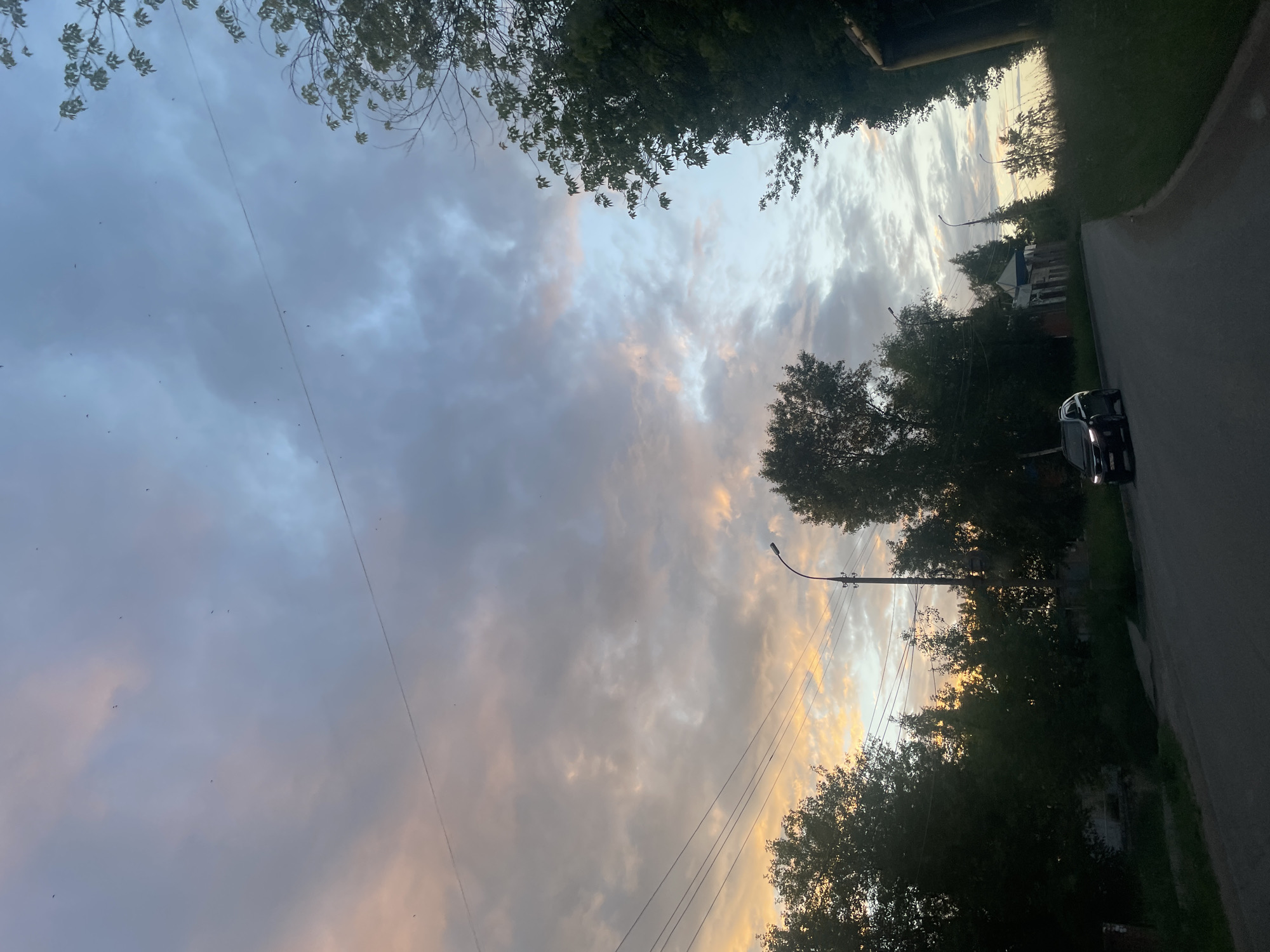 This media file depicts a street scene in Votkinsk, Russia, during what appears to be either sunrise or sunset due to the warm hues in the sky. The image is oriented vertically.
The primary subjects include a road on the right side of the frame, bordered by a grassy verge and dense trees. A dark-colored car is parked on the road, with its headlights on. Above the road and trees, a dramatic sky filled with clouds is visible. The clouds are a mix of grays, whites, and soft oranges and pinks, suggesting a vibrant sky display. Scattered throughout the sky are numerous small, dark specks, which could be birds or insects.
Trees frame the top and sides of the image, with their foliage creating a natural canopy. Power lines and a street lamp are also visible, indicating an inhabited area. In the background, hints of houses and structures can be seen amongst the trees.
The overall impression is one of a quiet, perhaps rural or suburban, street at a transitional time of day. The lighting and the soft colors in the sky evoke a sense of calm and natural beauty. There is no visible text in the image.