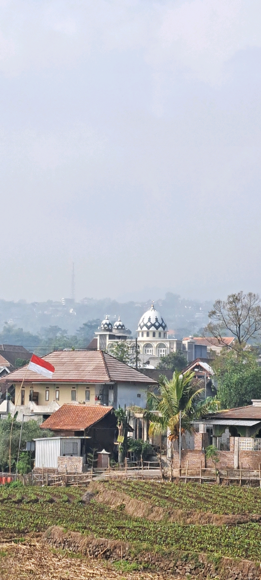 The image depicts a rural landscape with buildings and agricultural terraces. In the foreground, there are terraced fields with young green plants, indicating cultivation. A low wooden fence runs along the edge of the terraces. Several structures are visible in the middle ground, including houses with tiled roofs and a white shed-like building. An Indonesian flag is prominently displayed on a flagpole in front of one of the houses. In the background, a large building with a distinctive dome and minarets, likely a mosque, stands out against a hazy sky. Other buildings and trees are scattered throughout the landscape, suggesting a village or town. A distant radio tower is visible on a hill in the far background, partially obscured by haze. The overall impression is of a serene, agrarian community in what appears to be Indonesia, possibly in the city of Kesiman.