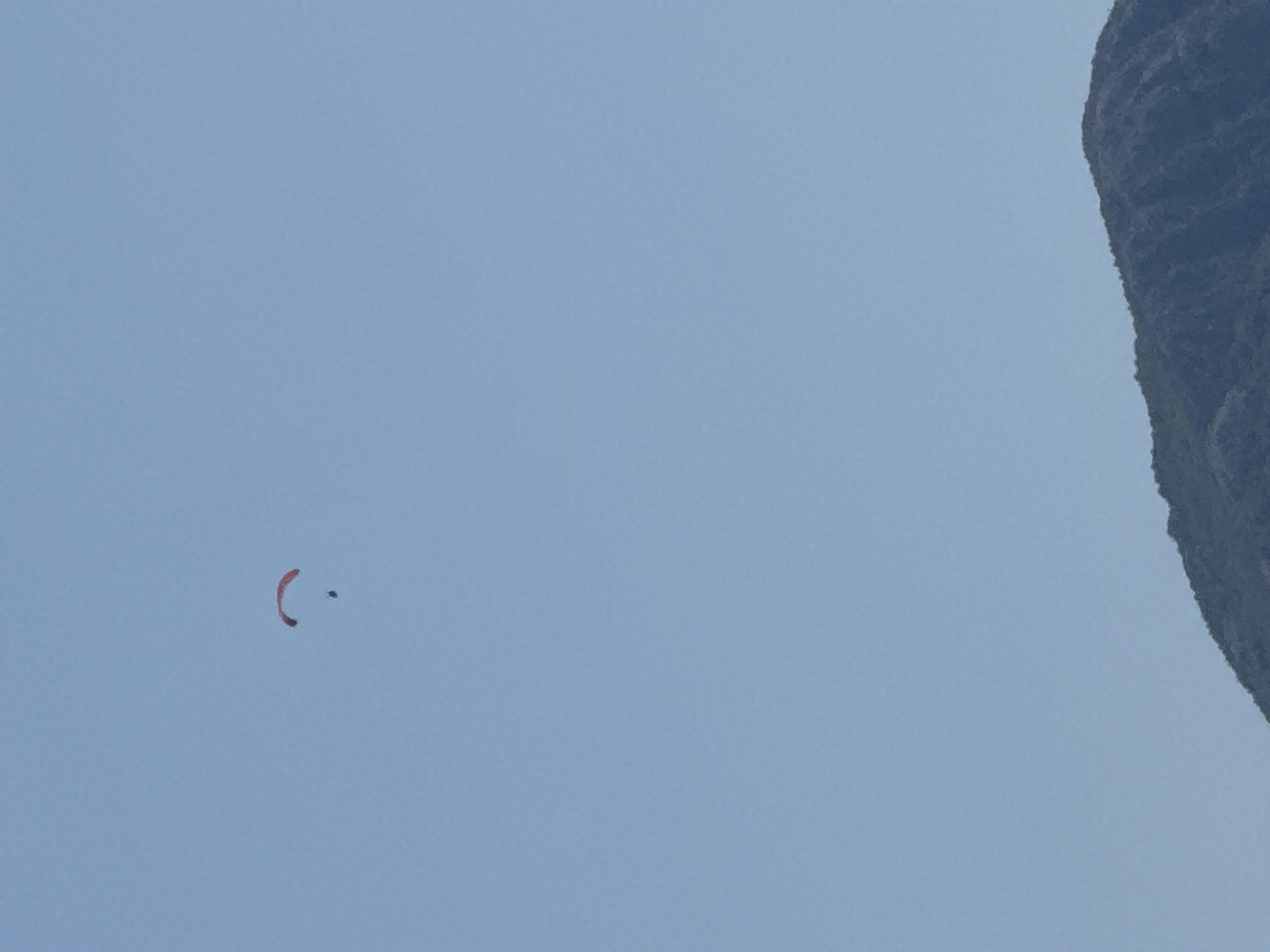 A paraglider is pictured against a clear blue sky, soaring above a dark, tree-covered mountain range in Budva, Montenegro. The paraglider, small in the frame, is a splash of red against the vast expanse of sky. The mountain's rugged silhouette dominates the lower portion of the image, its dark, textured surface contrasting with the smooth, serene blue above. The scene suggests a moment of freedom and adventure, with the paraglider embracing the open air and the natural beauty of the Montenegrin coast.