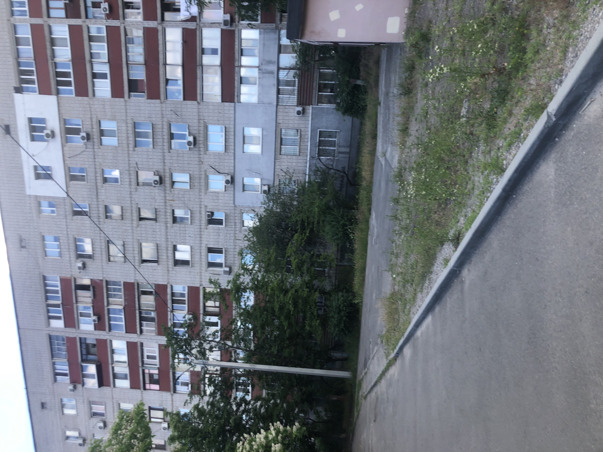 This is a photograph of a multi-story apartment building in the city of Dnipro, Ukraine, taken from a street level perspective. The building is constructed with grey concrete blocks and features numerous windows, many of which are multi-paned. Several balconies and enclosed porch areas are visible, some with dark red framing. Air conditioning units are mounted on the exterior walls. Green trees and foliage are present in the foreground and along the base of the building. A paved street or sidewalk with a concrete curb runs along the bottom of the frame, bordered by sparse grass and weeds. A small, pink building with white rectangular accents is partially visible on the right side of the image. The sky appears overcast.