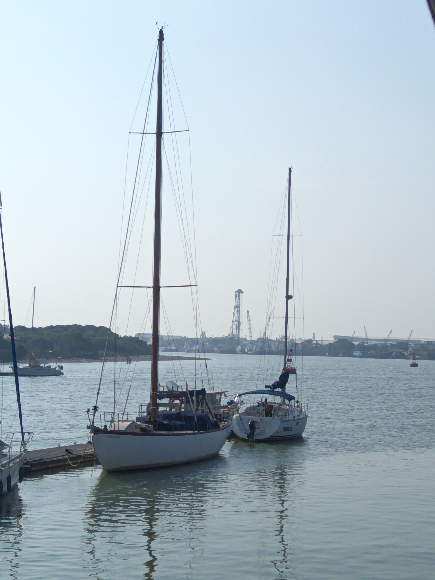 This is a photograph of several sailboats docked in a harbor, likely in Klang City, Malaysia. In the foreground, two sailboats are prominently featured. The sailboat on the left has its mast tall and vertical, with rigging extending downwards. The sailboat on the right is slightly further away and appears to be moored to a dock. Its hull is white, and it has a blue canopy over part of its deck. In the background, there is a strip of land with lush green trees, and beyond that, a hazy skyline with industrial structures, including cranes, suggesting a port or industrial area. The water is calm and reflects the sky and the boats. The sky is clear and light blue. There are no visible people in the frame. The scene captures a tranquil moment in a busy maritime environment.