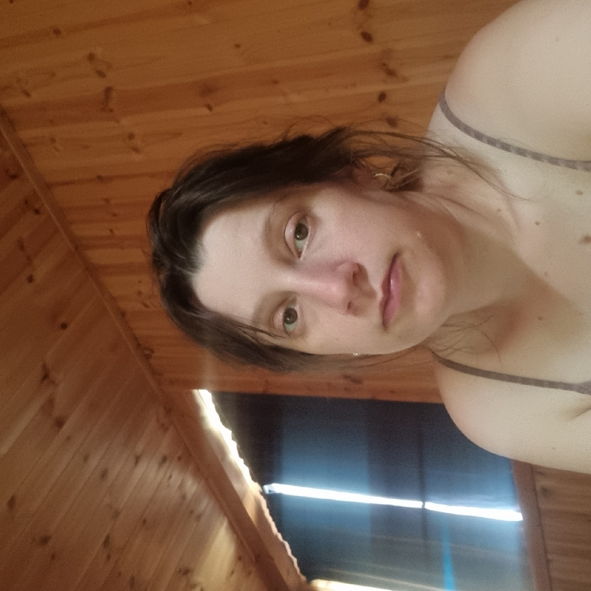 The image shows a close-up, head-and-shoulders shot of a woman with light brown hair and brown eyes. She is wearing a light-colored tank top with thin straps. The background consists of wooden walls and a ceiling made of planks. To the left, there is a window or opening with a dark curtain that has a bright vertical light source behind it. The overall impression is that the photograph was taken indoors, possibly in a room with wood paneling. The specific location of Dunnae-myeon, South Korea, is not visually discernible from the image itself.