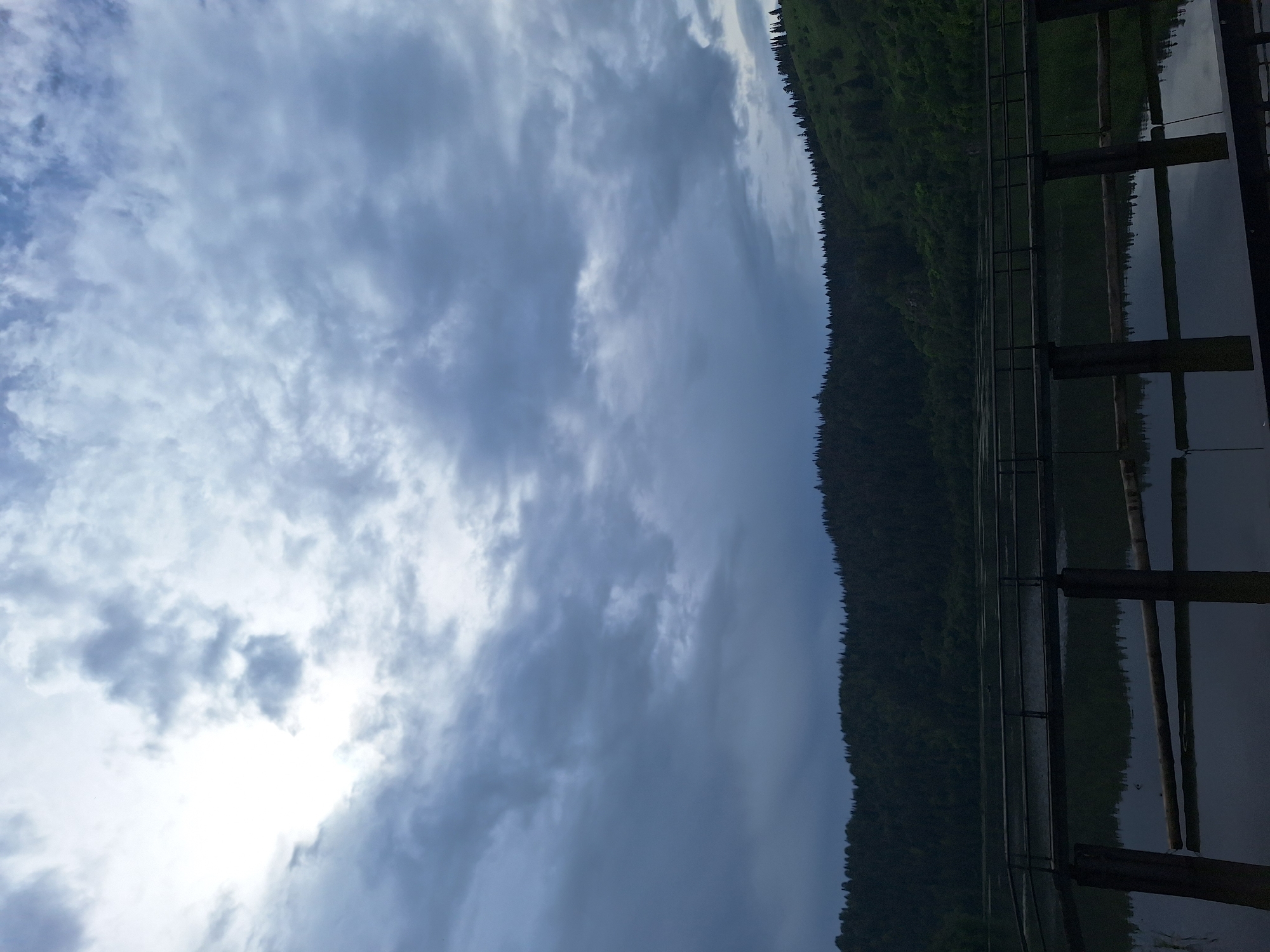 This image depicts a lake with a wooden walkway or bridge in the foreground. The lake is surrounded by a dense, dark green forest that covers the hills in the background. The sky above is overcast with dramatic, heavy grey clouds, with a brighter patch suggesting the sun is hidden behind them. The water in the lake is calm and reflects the trees and the sky. There are no people visible in the image. The scene conveys a sense of natural beauty and perhaps a touch of melancholy due to the cloudy weather.
This image is likely taken in the city of Sim, Russia, a region known for its natural landscapes and bodies of water.