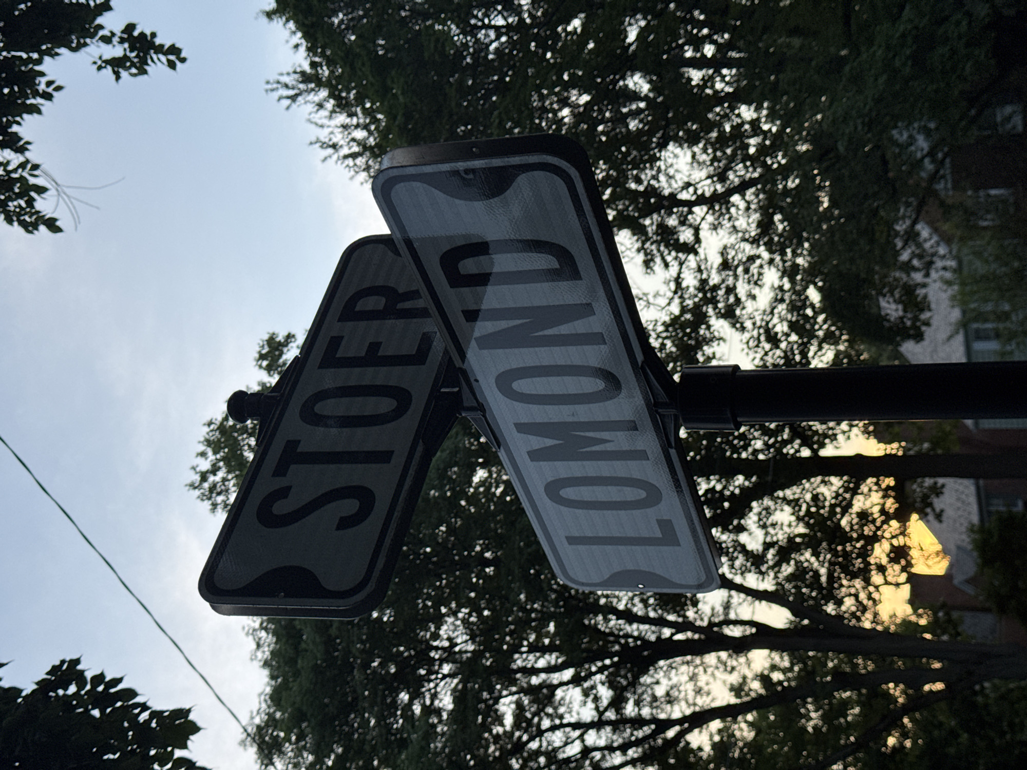 This is a low-angle, eye-level, medium shot of two street signs mounted on a pole, reading "STOER" and "LOMOND". The signs are black with silver lettering and are set against a backdrop of trees and a pale blue sky. The sun is setting, casting a warm orange glow through the trees. The overall lighting is dim, suggesting dusk. The scene appears to be located at an intersection of Stoer and Lomond roads in Shaker Heights, Ohio, United States of America.