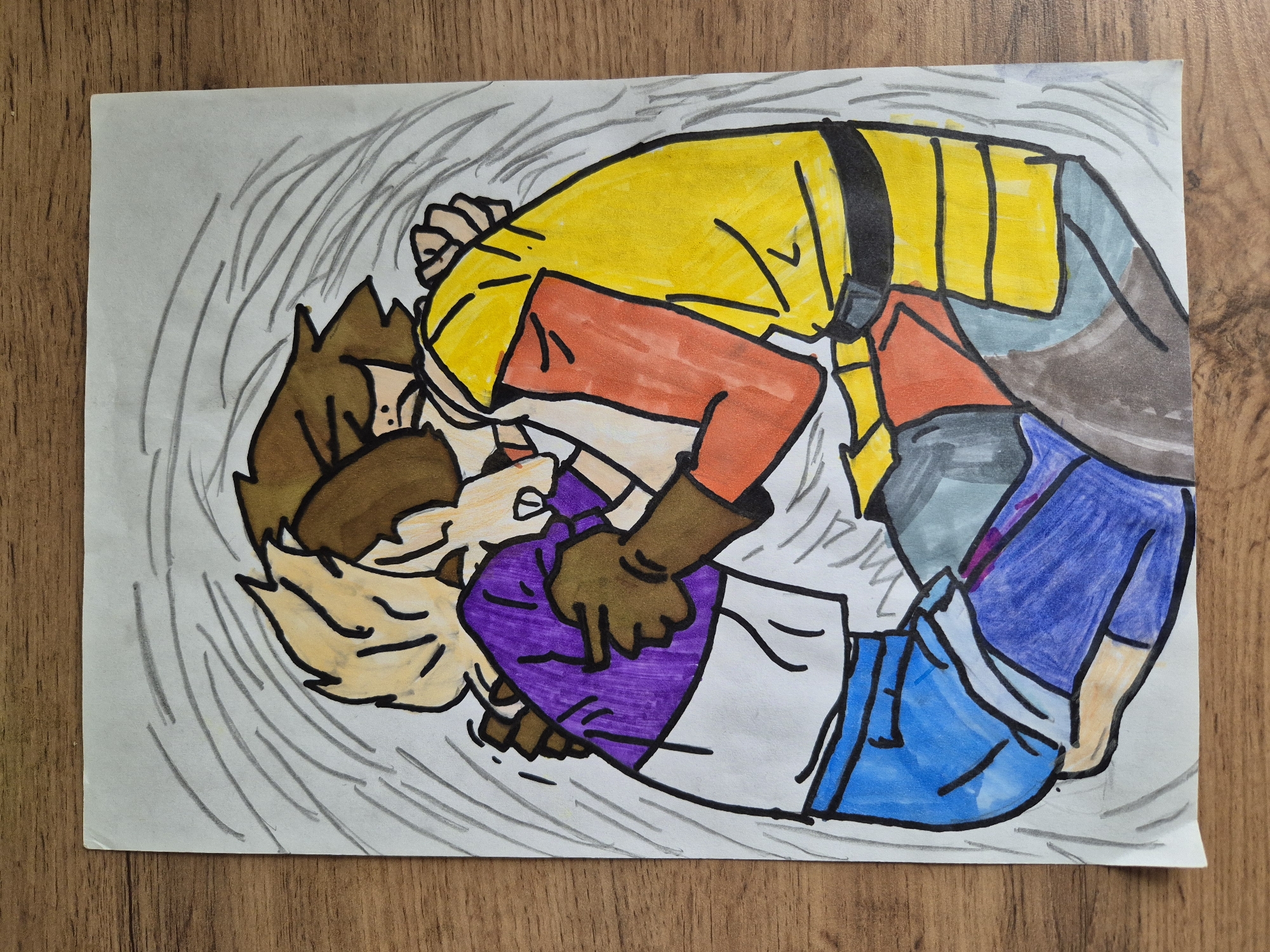 Two figures appear to be wrestling on a surface marked with swirling lines, possibly indicative of motion or chaos. One figure is wearing a yellow top, red shirt, and blue pants. The other figure is wearing a purple shirt and white pants. Both figures are in a tight embrace, the struggle seems violent. The location is Unknown, Unknown.