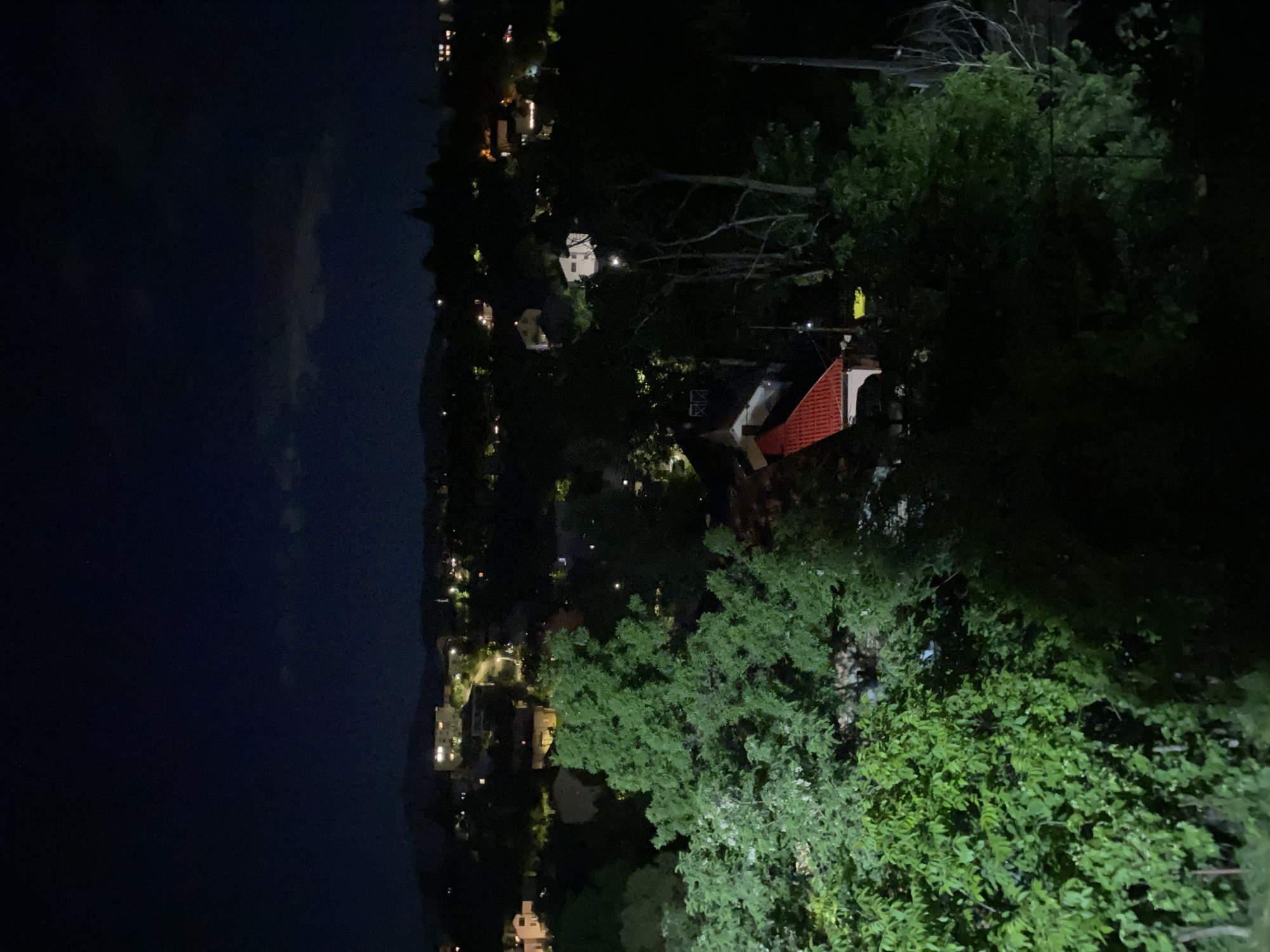 This is a nighttime landscape photograph of a residential area in Bankya, Bulgaria, viewed from an elevated perspective. The scene is dominated by a dark, deep blue sky in the upper left, showing faint, wispy cloud formations.
The landscape features rolling hills covered in dense, dark green foliage, primarily trees and bushes, which extend across the foreground and mid-ground. Artificial lights from numerous houses and buildings dot the hillsides, creating a scattered pattern of warm yellow and white glows against the darkness. In the mid-right, a prominent building with a distinctive red-tiled roof is partially visible amongst the trees. Other structures, including some with white walls, can be seen peeking through the canopy or in the distance. The dense vegetation and scattered lights suggest a town or village nestled within a forested, hilly environment.
No specific human activity is directly observable, but the illuminated windows imply ongoing domestic life within the residential structures. The overall impression is one of peacefulness and tranquility characteristic of a town at night. There is no visible text in the image.