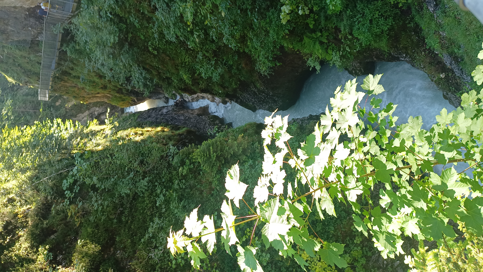 The image depicts a narrow gorge with a fast-flowing, milky-blue river at the bottom. Steep, rocky walls covered in lush green vegetation rise on either side. Sunlight filters through the trees, creating dramatic shafts of light and shadow. In the upper right portion of the image, a wooden walkway with metal railings is visible, suspended along the gorge wall. Two people, one wearing a yellow top and the other a dark top, are walking on the walkway. In the foreground, a branch with large, bright green leaves is prominently featured, its leaves illuminated by the sun. The scene is a natural gorge, likely a hiking or tourist area given the walkway.