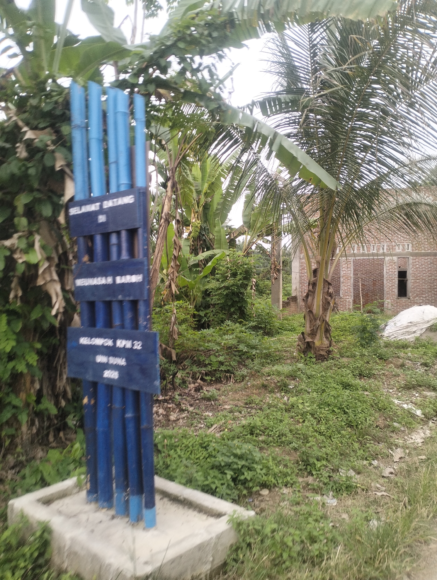 A blue wooden sign post with white text stands in a grassy outdoor area, surrounded by lush green vegetation and trees. The sign post has multiple planks of wood with writing. The top plank reads "SELAMAT DATANG DI" which translates to "WELCOME TO". The second plank reads "WEUNASAH BAROH". The third plank reads "KELOMPOK KPM 32". The bottom plank has the text "UN SUNA 2025". Behind the sign, a partially constructed brick building with open window frames is visible. A palm tree with drooping fronds stands to the right of the building, and banana trees with large leaves are present throughout the scene. The ground is covered in thick green grass and some scattered debris. The sky is overcast and a light gray.