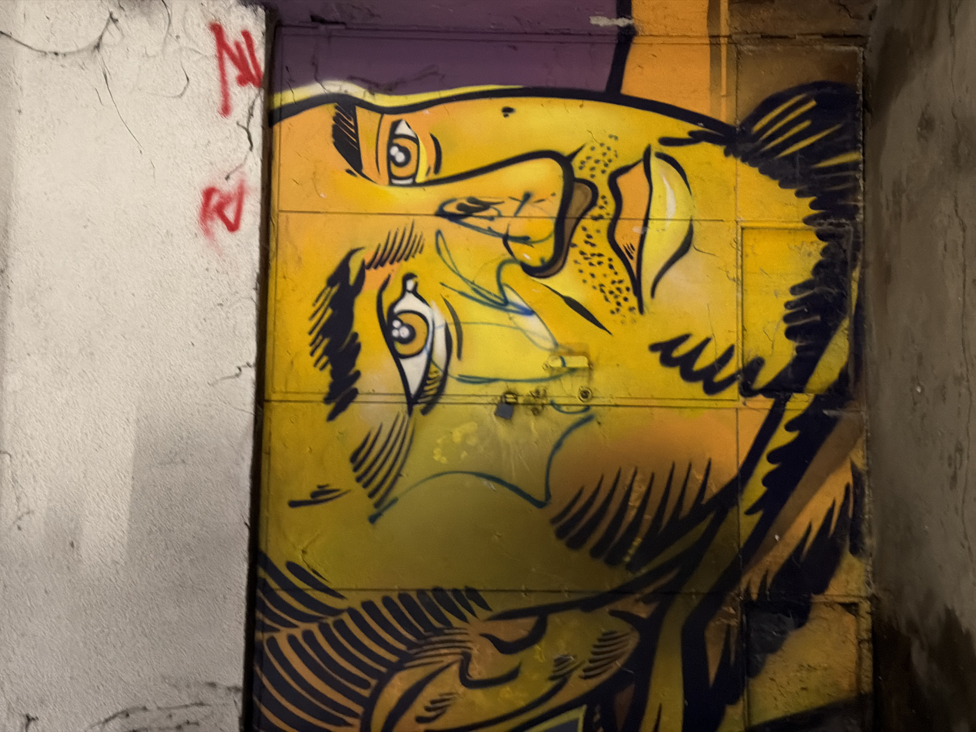 A close-up shot depicts a section of a yellow-and-black graffiti mural on a tiled wall in Sofia, Bulgaria. The mural portrays a stylized, cartoon-like human face with large, exaggerated eyes and detailed linework. The mural's color scheme is dominated by shades of yellow, orange, and black. To the left of the mural, a section of a white, cracked wall with some small red graffiti markings is visible. The photo is taken at a close range.