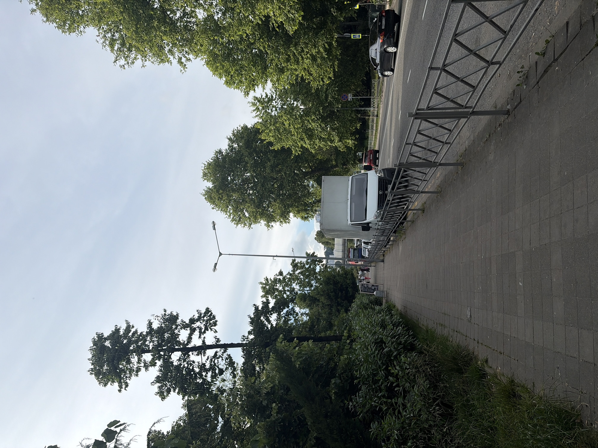 The image depicts a street scene in Sochi, Russia. A paved pedestrian sidewalk runs along the left side of the frame, bordered by dense green foliage on its left. On the right side of the sidewalk is a metal railing that separates it from a multi-lane asphalt road. Several vehicles are visible on the road, including a white delivery van parked near the sidewalk, a red car, and a black sedan. Tall trees with lush green leaves line the far side of the road, and the sky above is mostly clear with scattered clouds. In the distance, a structure resembling a bridge or overpass can be seen. A lamppost is also visible on the sidewalk.