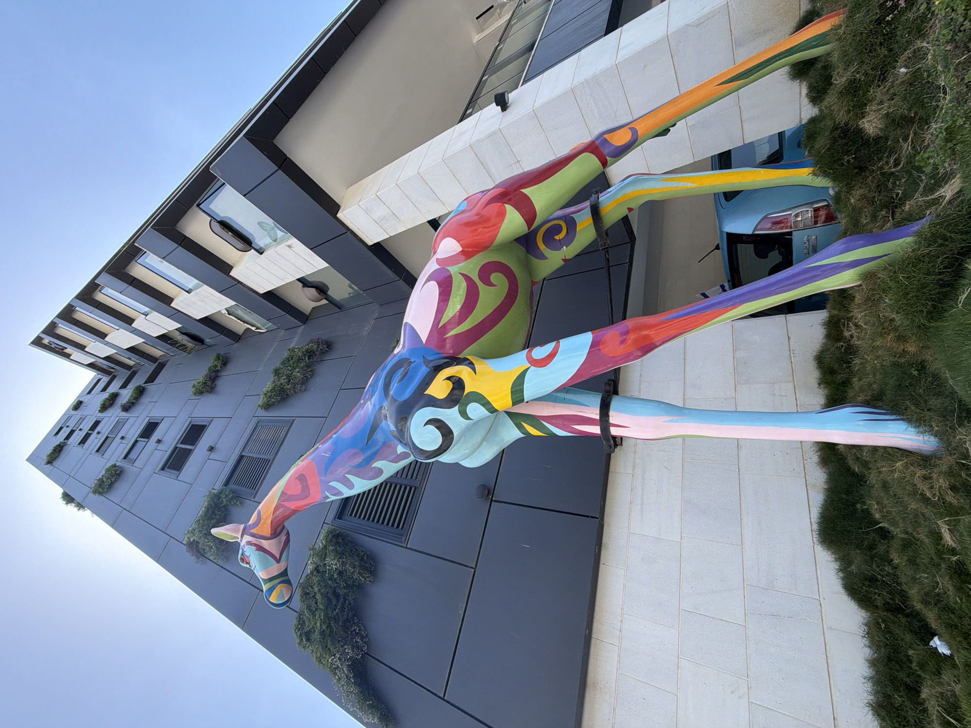 The image shows a colorful giraffe sculpture protruding from the side of a building. The building is modern, with a gray facade and some green plants climbing its walls. The giraffe's legs extend outwards, with one set partially obscured by some tall grass. A blue car is parked behind the giraffe. The location is likely Bat Yam, Israel.