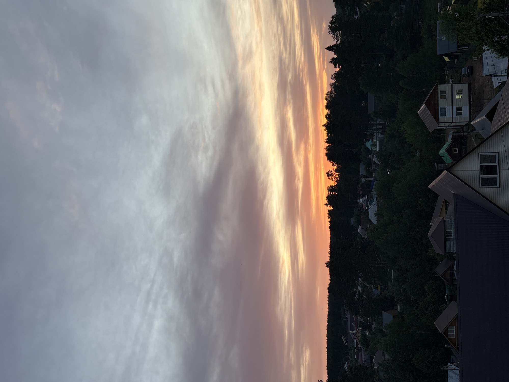 The image depicts a sunset over a landscape that includes trees and houses, likely in a suburban or rural area. The sky is filled with clouds colored in shades of gray, pink, and orange due to the setting sun. The trees are dark green, forming a line against the colorful sky. Several houses with varying roof styles are visible amidst the trees. The image is oriented vertically. Based on the prompt's metadata, the location is the city of Chaikovsky, Russia.
