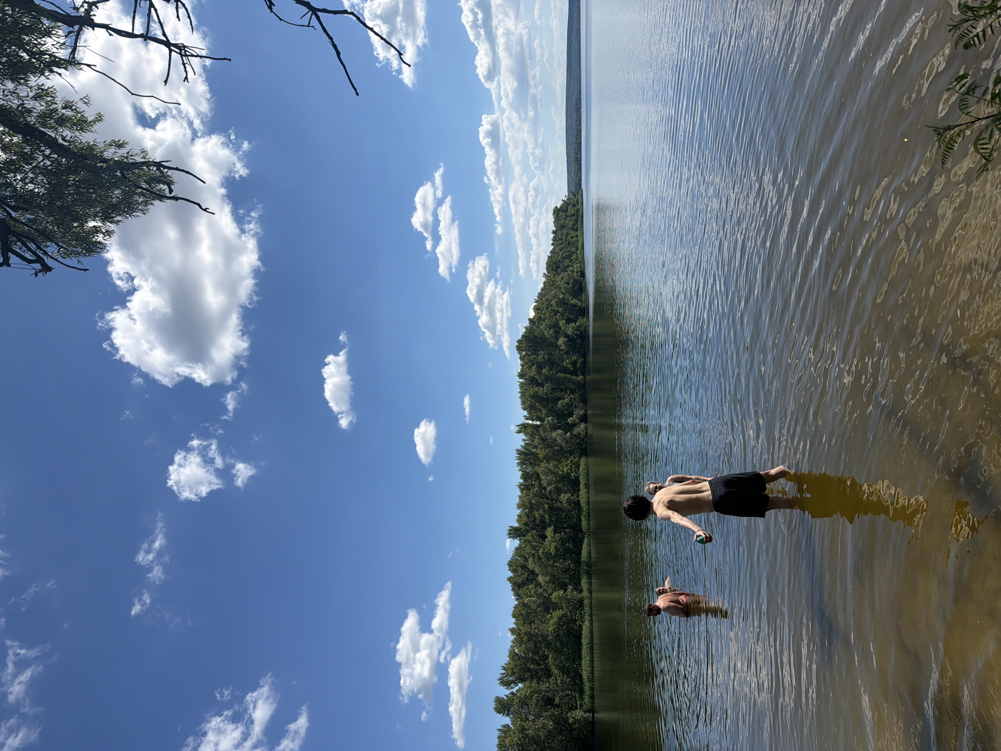 The media file captures a bright, sunny day with a clear blue sky dotted with fluffy white clouds. The scene is a natural body of water, likely a lake or river, with lush green trees forming a dense treeline along the far bank. The water appears calm, with gentle ripples reflecting the sky and the surrounding foliage.
In the foreground, two individuals are wading in the shallow water. The person closer to the viewer, partially submerged, is facing away from the camera and appears to be enjoying the cool water. Further out in the water, another person is standing, also facing away, with their back to the camera. This individual is wearing dark shorts and has their arms by their sides. Their posture suggests a relaxed and leisurely engagement with the environment. The sunlight casts long shadows across the water, indicating it is likely mid-day or early afternoon.
The overall atmosphere is one of peace and recreation, typical of a summer day spent outdoors. The presence of the dense forest and the expansive sky suggests a natural, unpopulated area, likely in a rural or semi-rural setting. No visible text is present in the image.