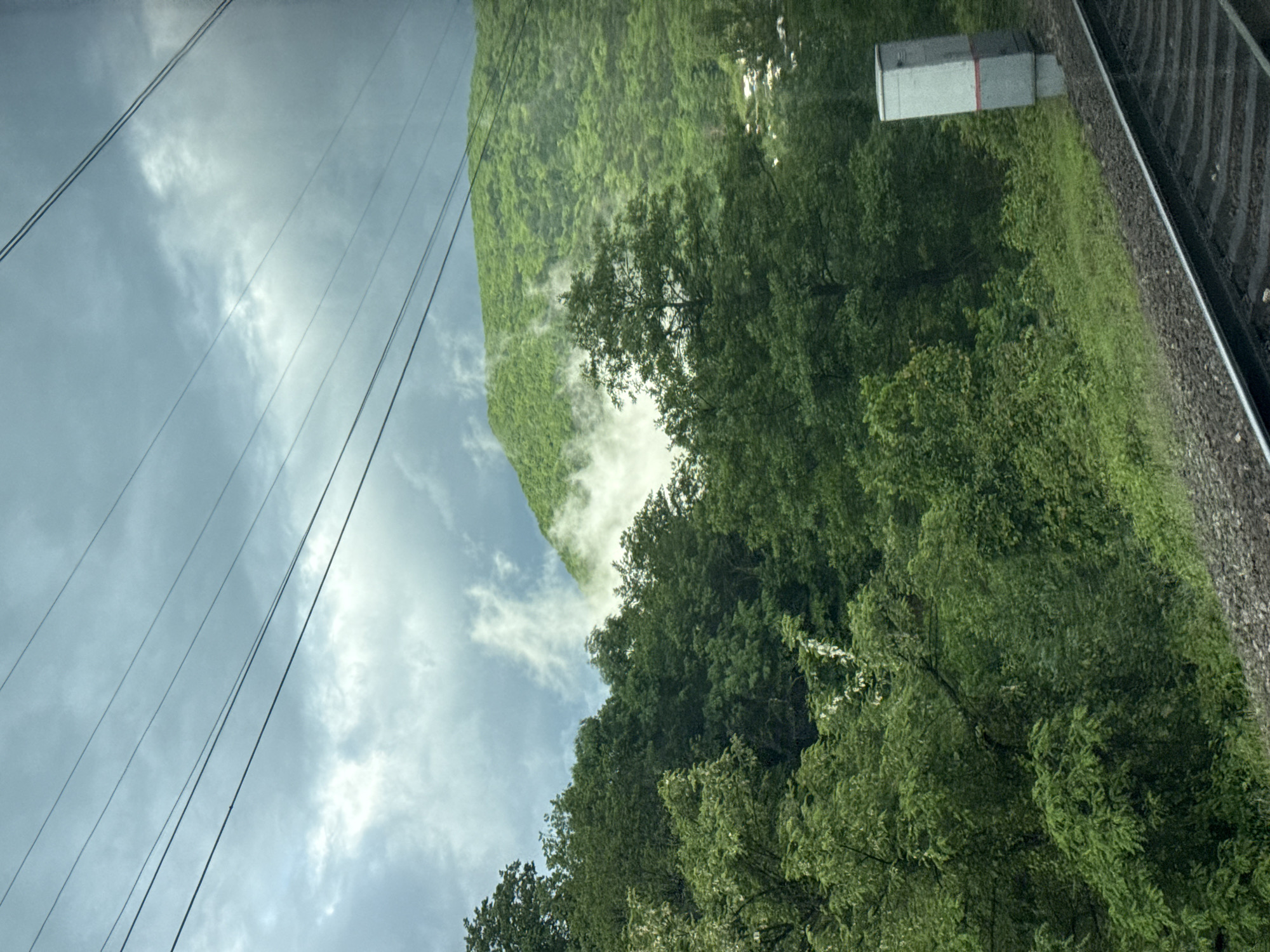 The image shows a view from a train, with the train tracks visible on the right edge. Lush green trees fill the right side of the frame, and beyond them, a green mountain is partially obscured by fog or low-lying clouds. Power lines extend diagonally across the upper left of the frame, against a cloudy sky. A grey, rectangular object is positioned among the trees near the train tracks. It is unknown if the location shown in this image is in or near the city of Kirpichnoye, Russia.