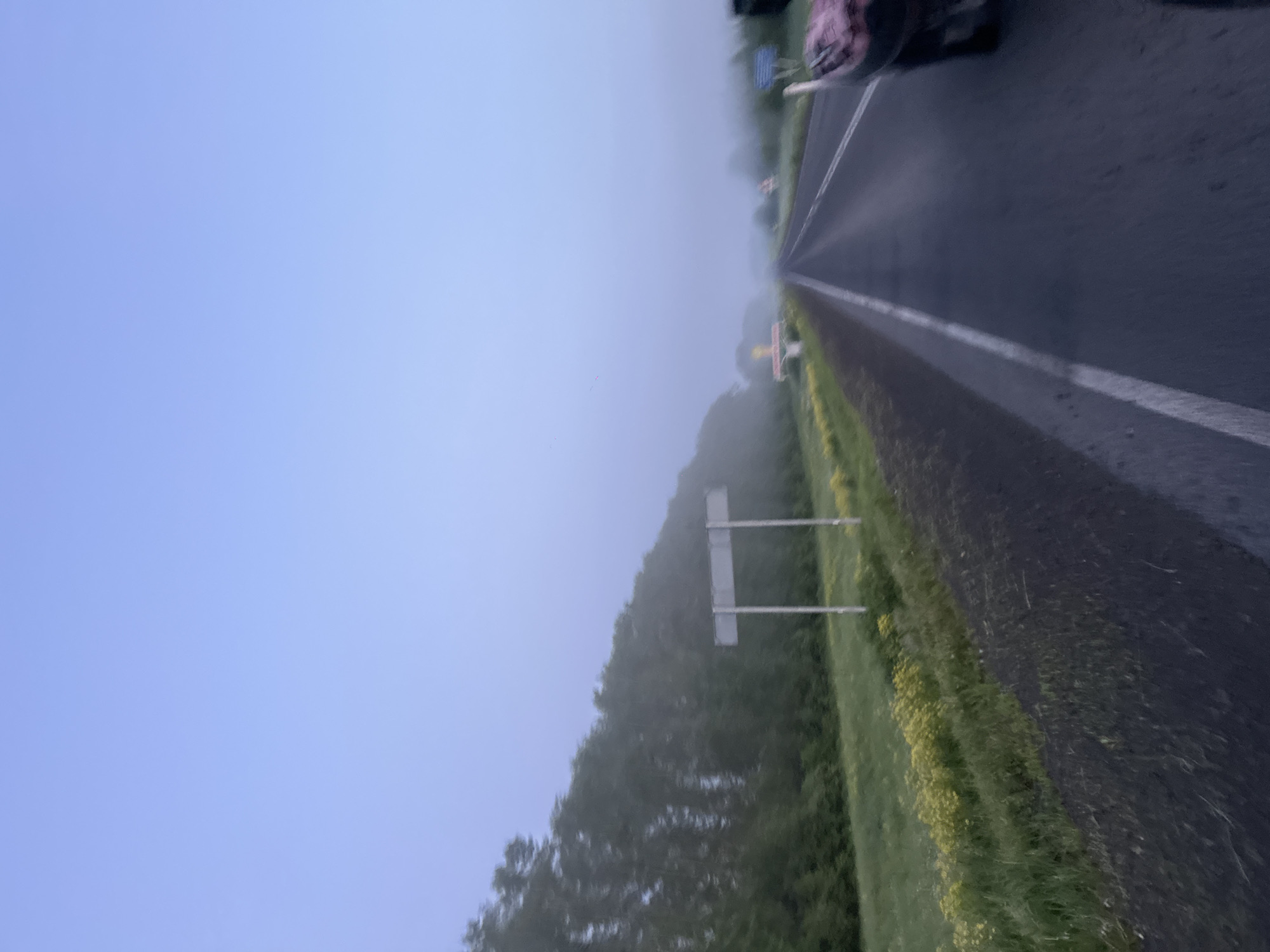 This is a vertical, eye-level, medium shot of a road on a foggy morning in Krapivinskiy, Russia. The road is paved and has a white line marking the lanes. There are trees on the left side of the road, and a field of yellow flowers. There is also a signpost on the left side of the road. In the distance, there are more trees and a signpost. The sky is a light blue color, and there is a slight haze in the air. A vehicle with a pink and white patterned load is partially visible in the right foreground.