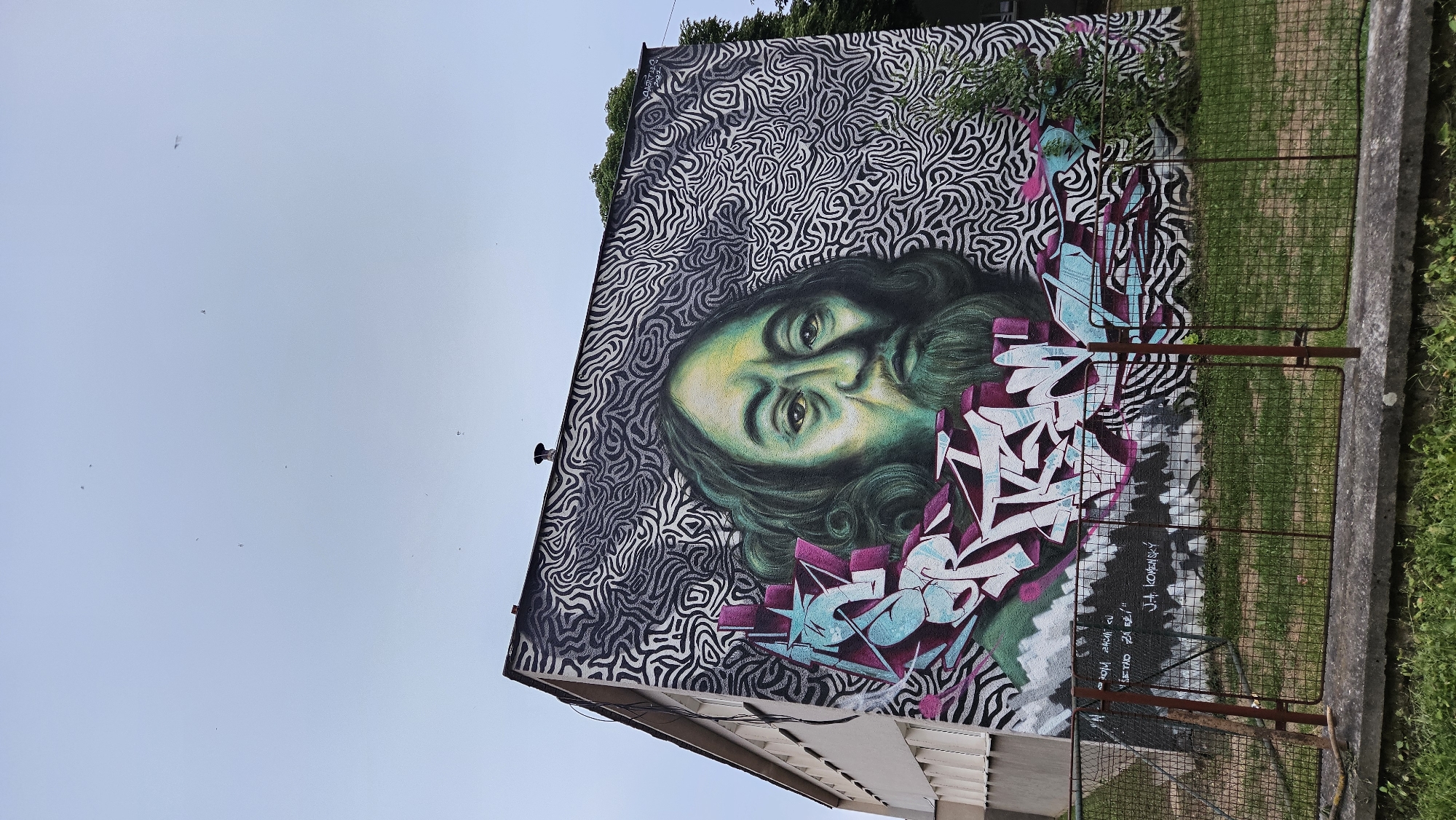 This media file displays a mural on the side of a building, oriented vertically. The mural features a striking portrait of a person with green-hued skin, long dark hair, and intense yellow eyes. The background of the portrait is a chaotic pattern of black and white wavy lines. Superimposed on the lower right portion of the portrait are colorful graffiti tags in shades of pink, blue, and white, with sharp, angular lettering.
The building itself appears to be a multi-story structure with visible architectural details such as a sloping roofline and white siding. A chain-link fence runs along the right side of the image, separating the building from a patch of green grass and a concrete curb. Trees are visible above the building, suggesting an outdoor setting with natural elements.
The image seems to be taken during the daytime, with a bright, overcast sky that casts a diffused light. There are no clear indications of a specific event taking place, other than the art itself being present on the wall. The overall mood of the artwork is intense and thought-provoking, with the direct gaze of the portrait and the vibrant graffiti.
There is visible text on the lower right portion of the mural, inscribed in white handwriting on the wall below the graffiti. The text is in Slovak and reads: "J.H. KOMENSKÝ", followed by "A VŠETKO ZÁLEŽÍ NA TOM, AKO TO VIDÍŠ", which translates to "J.H. COMENIUS" and "And everything depends on how you see it". This suggests the mural is a tribute to or representation of Jan Amos Comenius, a significant historical figure. The location context of Prešov, Slovakia, is relevant given Comenius's historical importance in the region.