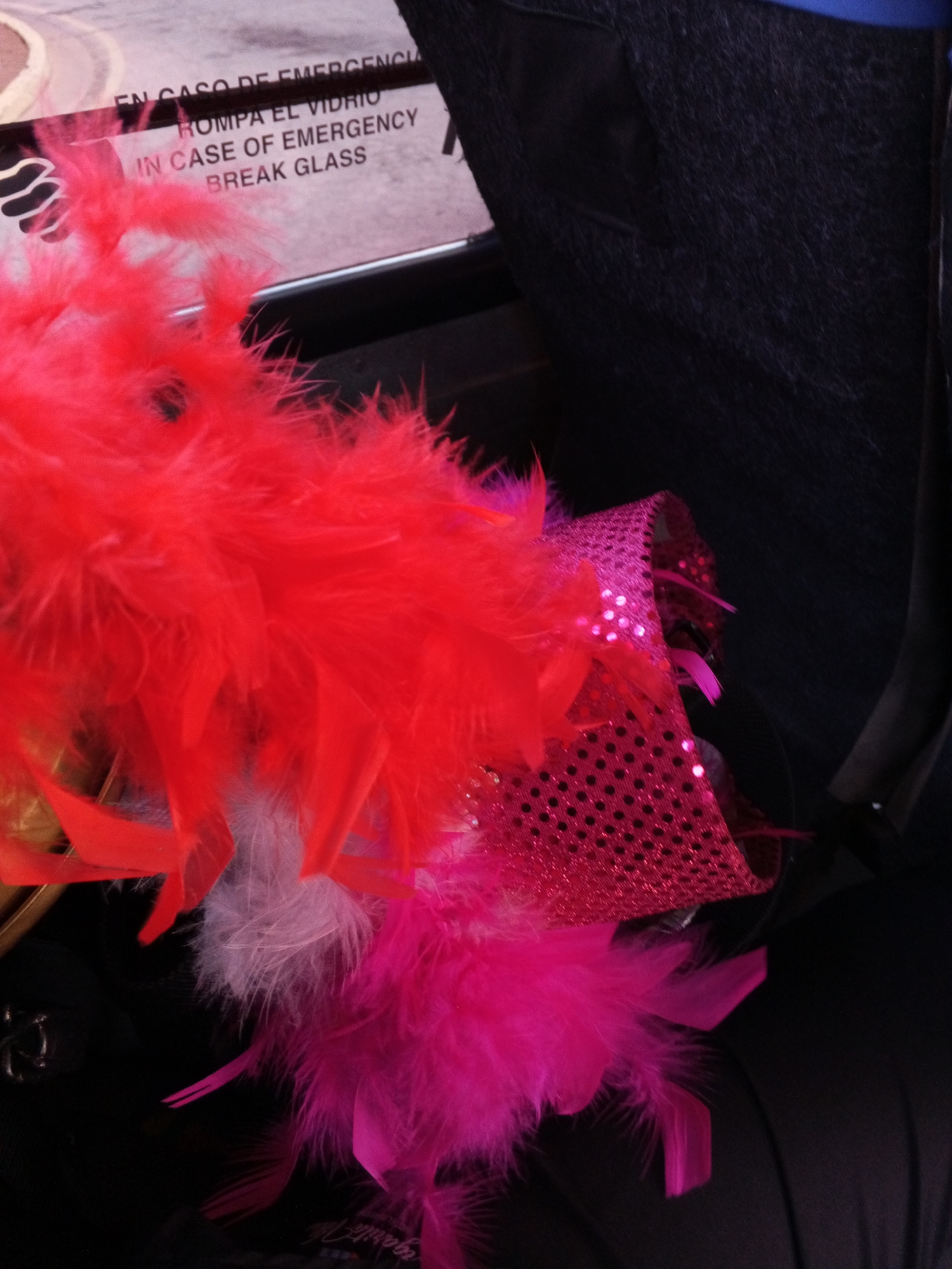 The image shows a bright red and pink feather boa lying on a seat inside a bus. Above the boa, adhered to the wall of the bus, is a sign that reads "EN CASO DE EMERGENCIA ROMPA EL VIDRIO IN CASE OF EMERGENCY BREAK GLASS". The seat is dark-colored, and next to it is a darker textured material. The location is likely Porlamar, Venezuela, based on the assumption it is an urban bus that would be in the city.