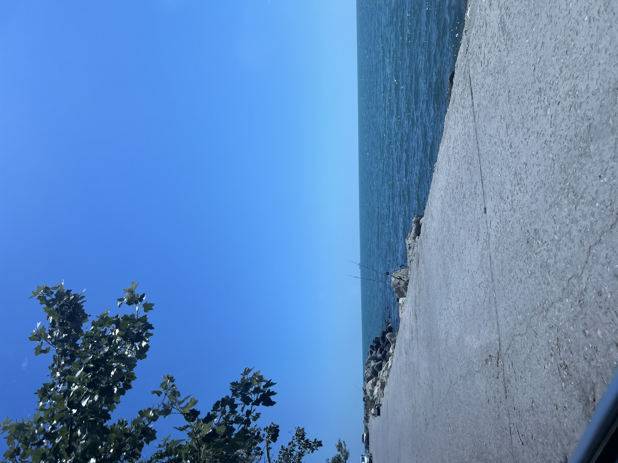 The image depicts a clear, sunny day by the sea, likely in Varna, Bulgaria, given the context. A paved walkway runs along the edge of the water, bordered by a rocky breakwater. The sea is a vibrant blue, with gentle waves reflecting the sunlight. Two fishing rods are set up on the rocks, suggesting recreational fishing. In the distance, a ship is visible on the horizon. On the walkway, a person is seated, facing the water, while a few cars are parked further down the path. Lush green foliage from a tree hangs into the frame from the upper left corner, adding a touch of nature to the urban seaside scene.