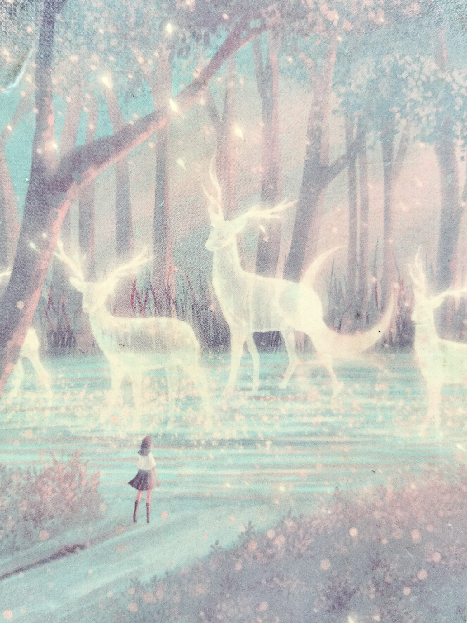 This is a digitally rendered illustration depicting a serene, dreamlike forest scene. In the foreground, a young girl with dark hair, wearing a white shirt and a dark skirt with boots, stands on a path next to a body of water. She is facing away from the viewer, looking into the water. The water's surface reflects the soft, diffused light of the environment.
In the mid-ground, several translucent, ethereal deer are present. These spectral figures appear to be made of light, with visible antlers. Some are drinking from the water, while others are standing amongst the trees. The forest itself is filled with tall, slender trees with bare branches, creating a canopy through which dappled light filters. The overall color palette is soft, with pastel shades of blue, pink, and white, creating a whimsical and magical atmosphere. Small, glowing orbs of light are scattered throughout the scene, enhancing the mystical quality. The ground is covered in what appears to be fallen leaves or petals, also illuminated by the soft light. The texture of the image suggests it might be printed on a textured surface, giving it a slightly vintage or painterly feel.
There is no indication of the city of Payagaboh, Indonesia, in this image.