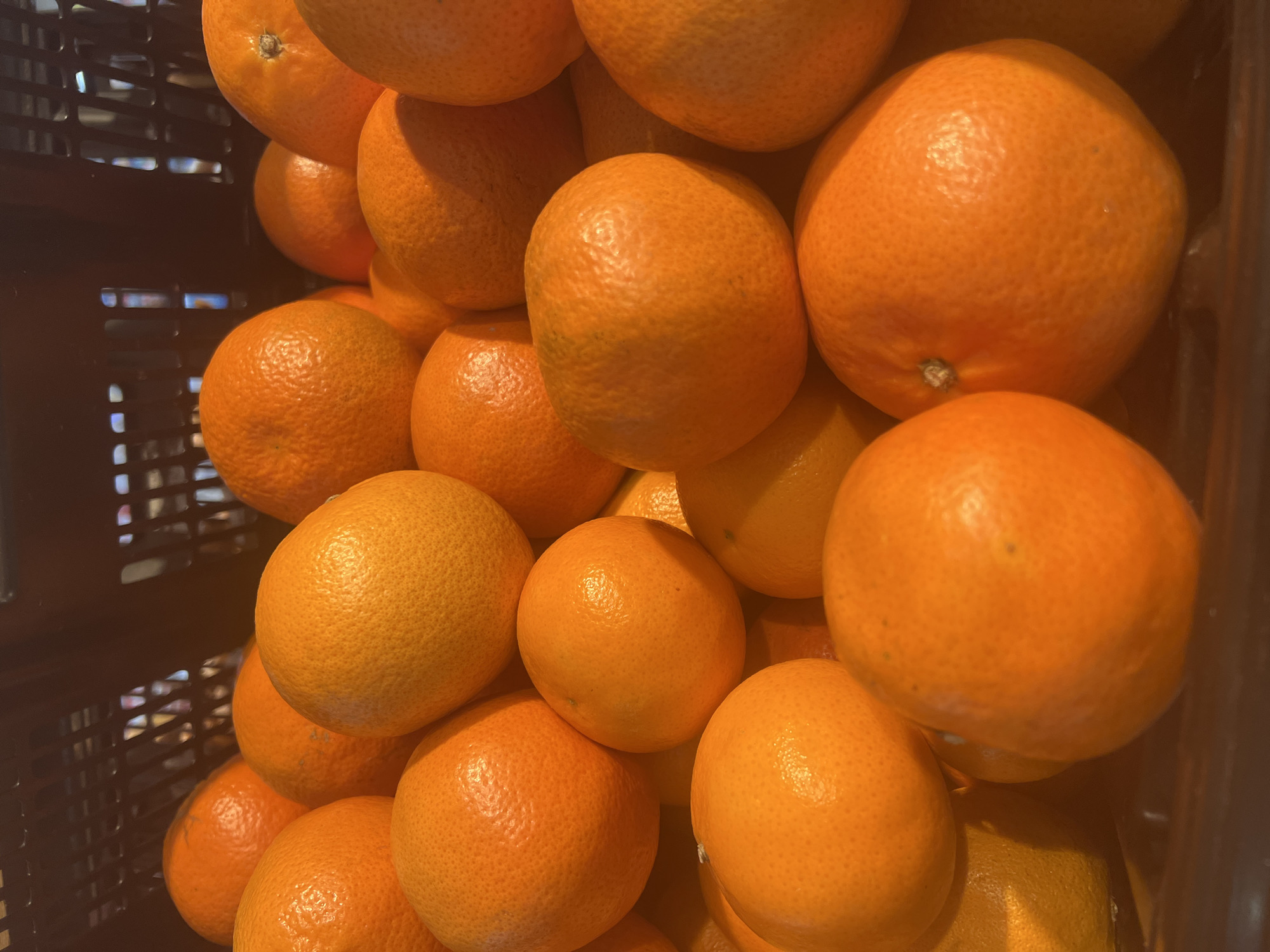 A close-up, overhead shot shows a dark plastic bin filled with ripe, vibrant oranges. The fruits are tightly packed, with their textured skins catching the light, creating subtle highlights and shadows that emphasize their roundness. The bin appears to be a display at a fruit stand or market. The background is dark and out of focus, with some hint of more oranges stacked behind the primary group. The overall impression is one of abundance and freshness. The image is set in Johannesburg, South Africa.