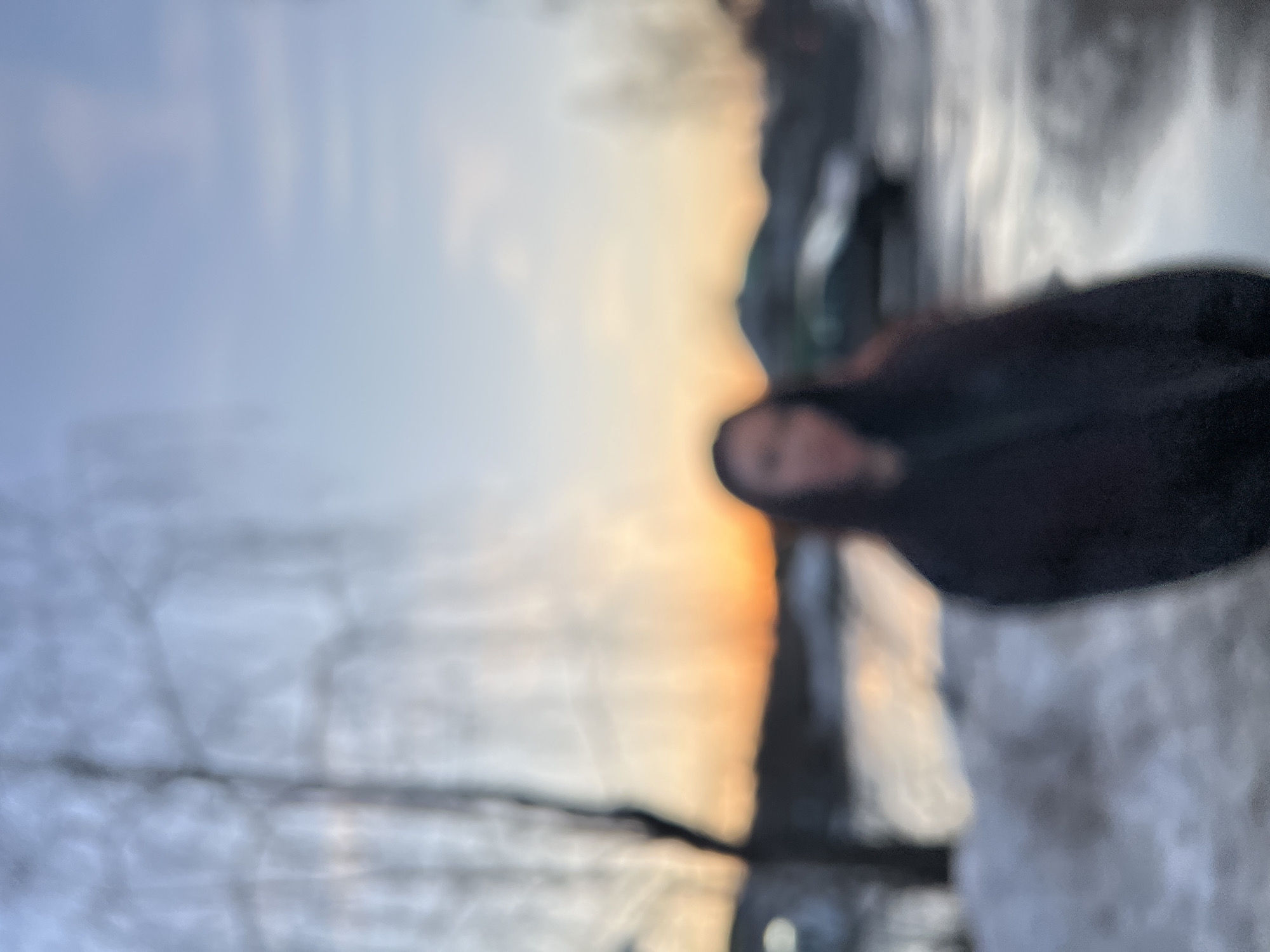The photo depicts a blurred scene at dusk. A person with dark hair and a dark jacket is visible on the right side of the image. The background includes a sunset or sunrise with yellow and orange hues blending into the sky. There are trees on the left and a suggestion of snow on the ground. The location is possibly in Noviy, Russia. Due to the blurriness of the image, it's hard to determine the details of the environment.