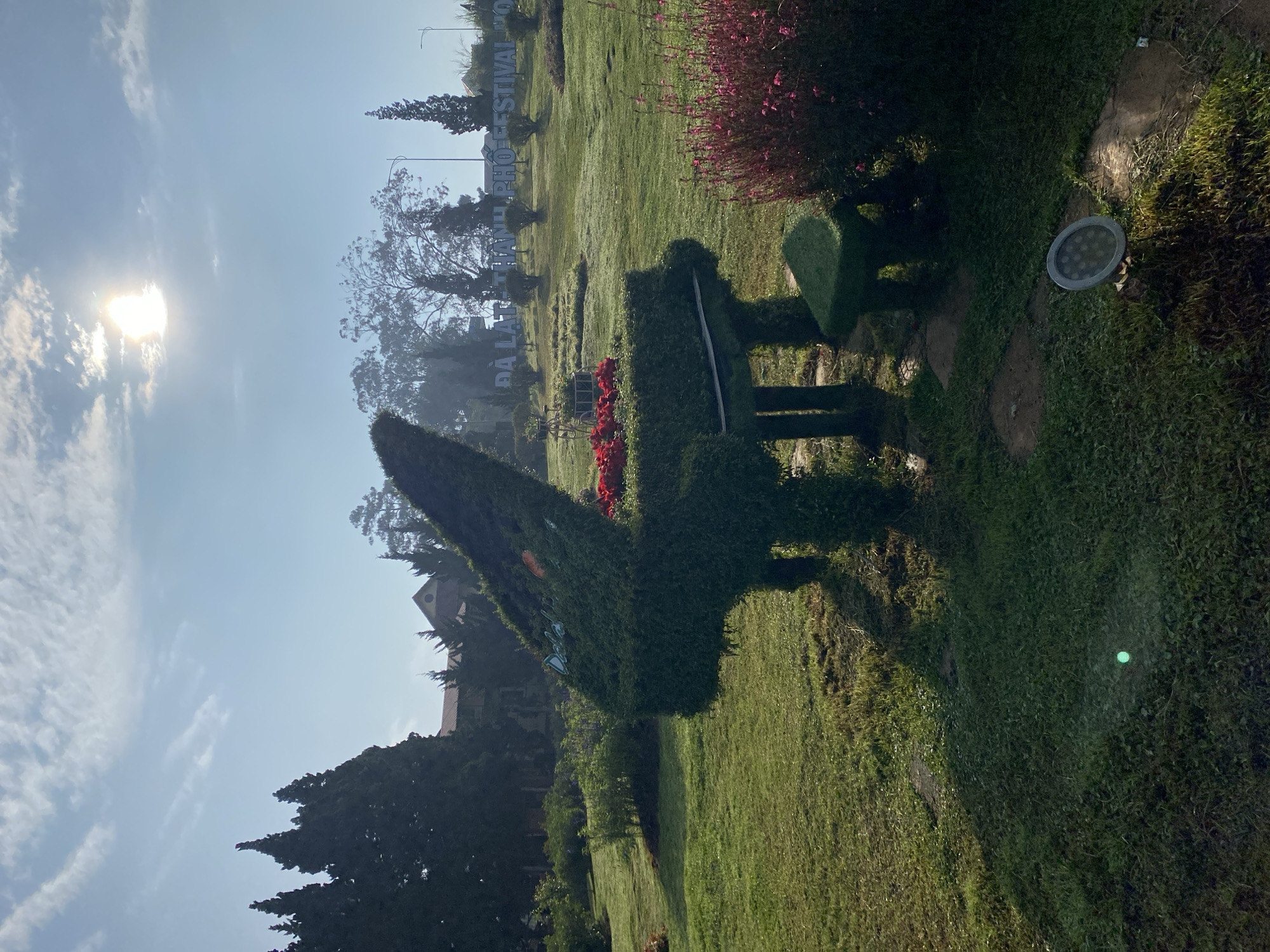 The image shows a landscape in Da Lat, Vietnam, taken during the daytime. The sky is pale blue with clouds and a bright sun. A green lawn dominates the scene, with various plants and trees. Topiary shrubs are trimmed into shapes of a bench and other objects. In the background, a building with a roof can be seen, along with trees and a sign that reads "DA LAT THANH PHO FESTIVAL". A small flood light is visible on the ground.