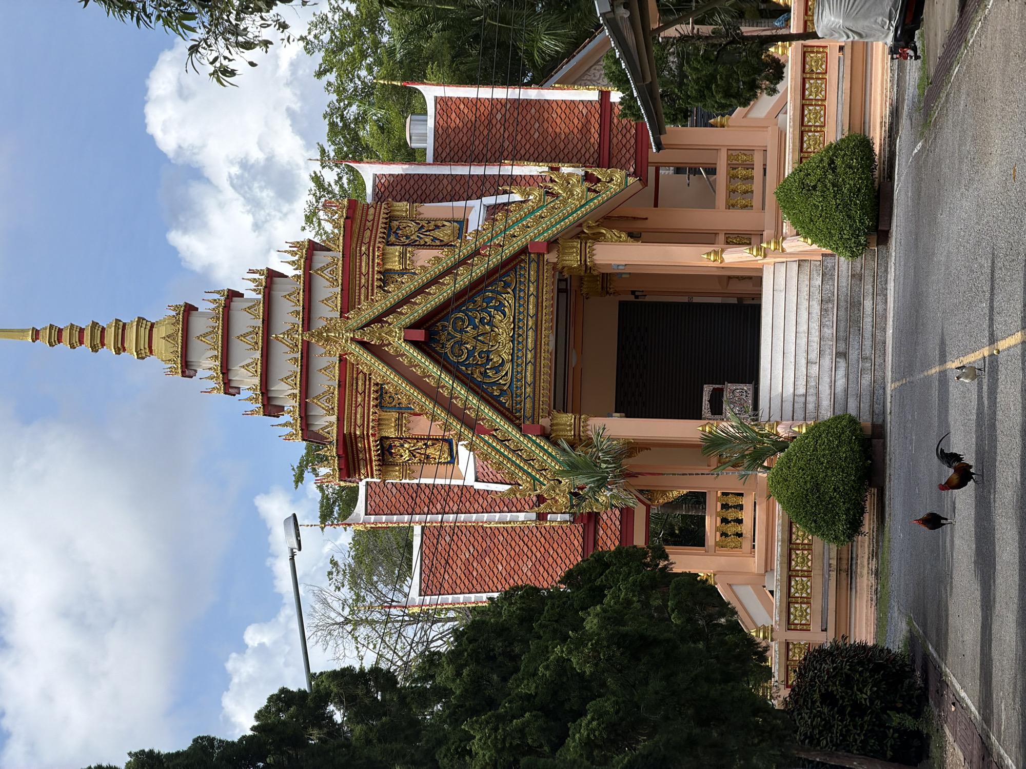 This is a full-frame, eye-level, outdoor shot of a Buddhist temple in Thep Krasatti, Thailand. The temple, with its ornate gold and red tiered roof and peach-colored facade, dominates the center of the frame. The building features intricate golden carvings and decorative elements. In front of the temple is a set of white stairs leading up to the entrance, which is partially obscured by a dark, rolled-down shutter. Flanking the stairs are two neatly trimmed green bushes. A paved pathway leads directly to the temple steps. On the pathway in the foreground, two roosters, one with a dark body and the other with brown and black plumage, are walking, facing left and right respectively. A white chicken is also visible in the lower right quadrant of the image, pecking at the ground. To the left of the pathway, lush green trees and foliage create a dense, natural border. A tall lamppost stands to the left of the temple, its light fixture visible against a partly cloudy blue sky. The overall environment suggests a serene and somewhat tropical setting, typical of the region.