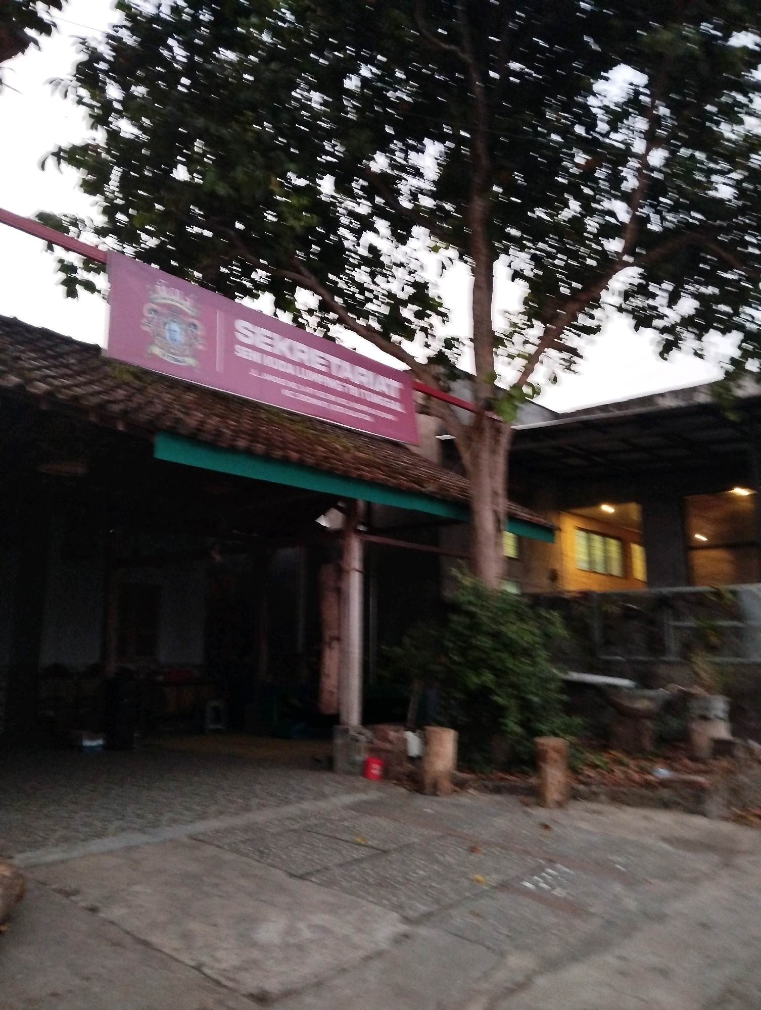 The image shows a building with a sign that reads "SEKRETARIAT SEMI MUDA LAMPUNG TIMUR". The building has a tiled roof and a green awning. In front of the building, there is a tree and some wooden posts. There are also some windows visible in the background. The overall impression is that of a government building or a community center. The sign indicates that this is the secretariat for a youth organization in East Lampung, Indonesia. Given the mention of "Lampung Timur" on the sign, it is highly probable that the image depicts a location within the province of Lampung, Indonesia, and not in Salatiga, Central Java. Without further context or identifying features, it is impossible to pinpoint the exact location within East Lampung.