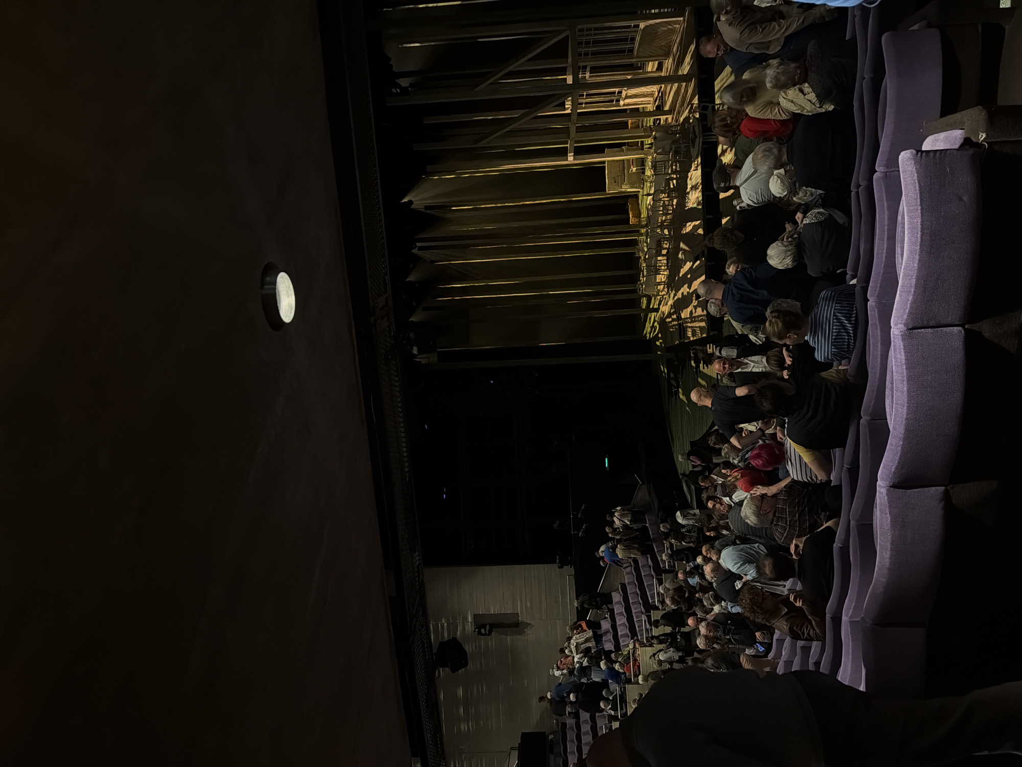 The image shows an audience seated in a theater. The rows of seats are upholstered in purple. On the stage, a set with wooden beams and structural elements is illuminated with light. The scene is indoors, presumably during a performance. The location is a theater in London, United Kingdom. The theater appears to be at near capacity, with many people seated. The audience is observing the stage. The atmosphere is darkened, with the stage area brighter.